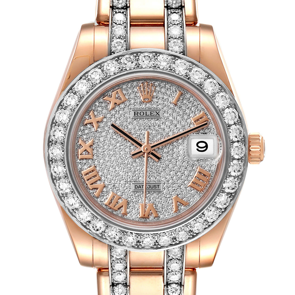 Rolex Pearlmaster 34 Rose Gold Pave Diamond Dial Ladies Watch 81285