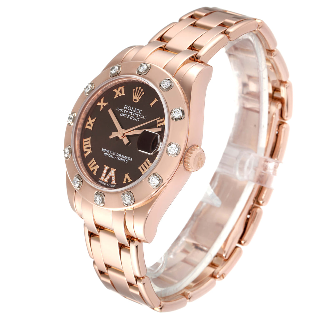 Rolex Pearlmaster 34mm Brown Dial Rose Gold Diamond Ladies Watch 81315