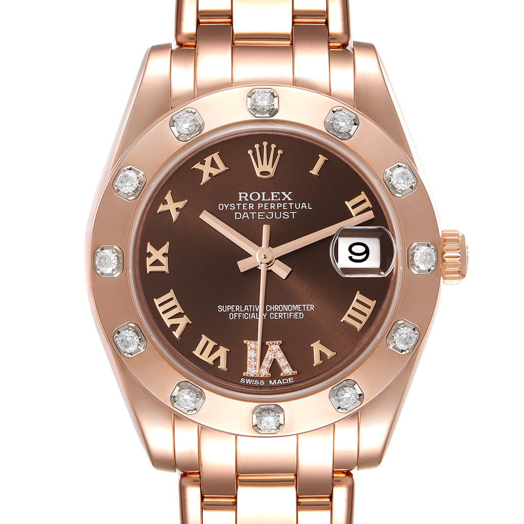 Rolex Pearlmaster 34mm Brown Dial Rose Gold Diamond Ladies Watch 81315