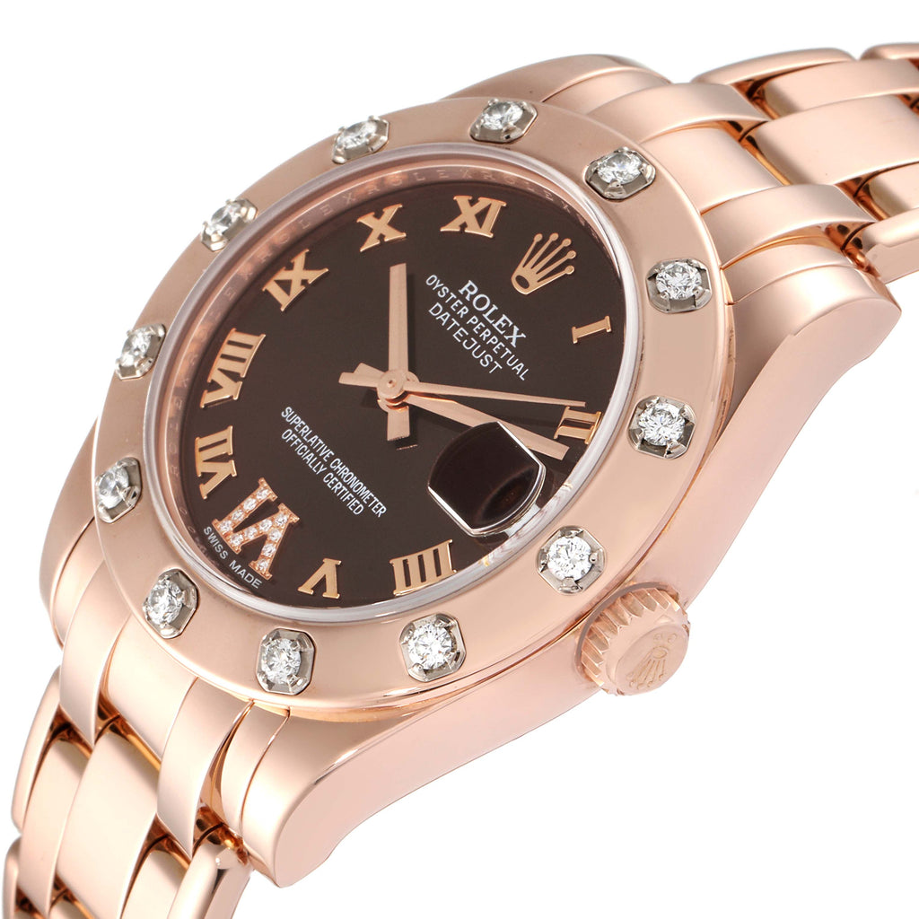 Rolex Pearlmaster 34mm Brown Dial Rose Gold Diamond Ladies Watch 81315