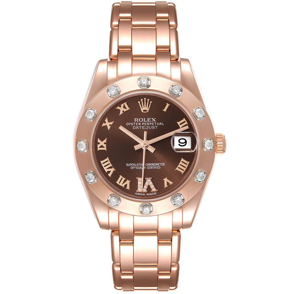 Rolex Pearlmaster 34mm Brown Dial Rose Gold Diamond Ladies Watch 81315