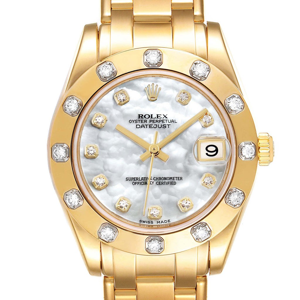 Rolex Pearlmaster 34mm Midsize Yellow Gold MOP Diamond Ladies Watch 81318