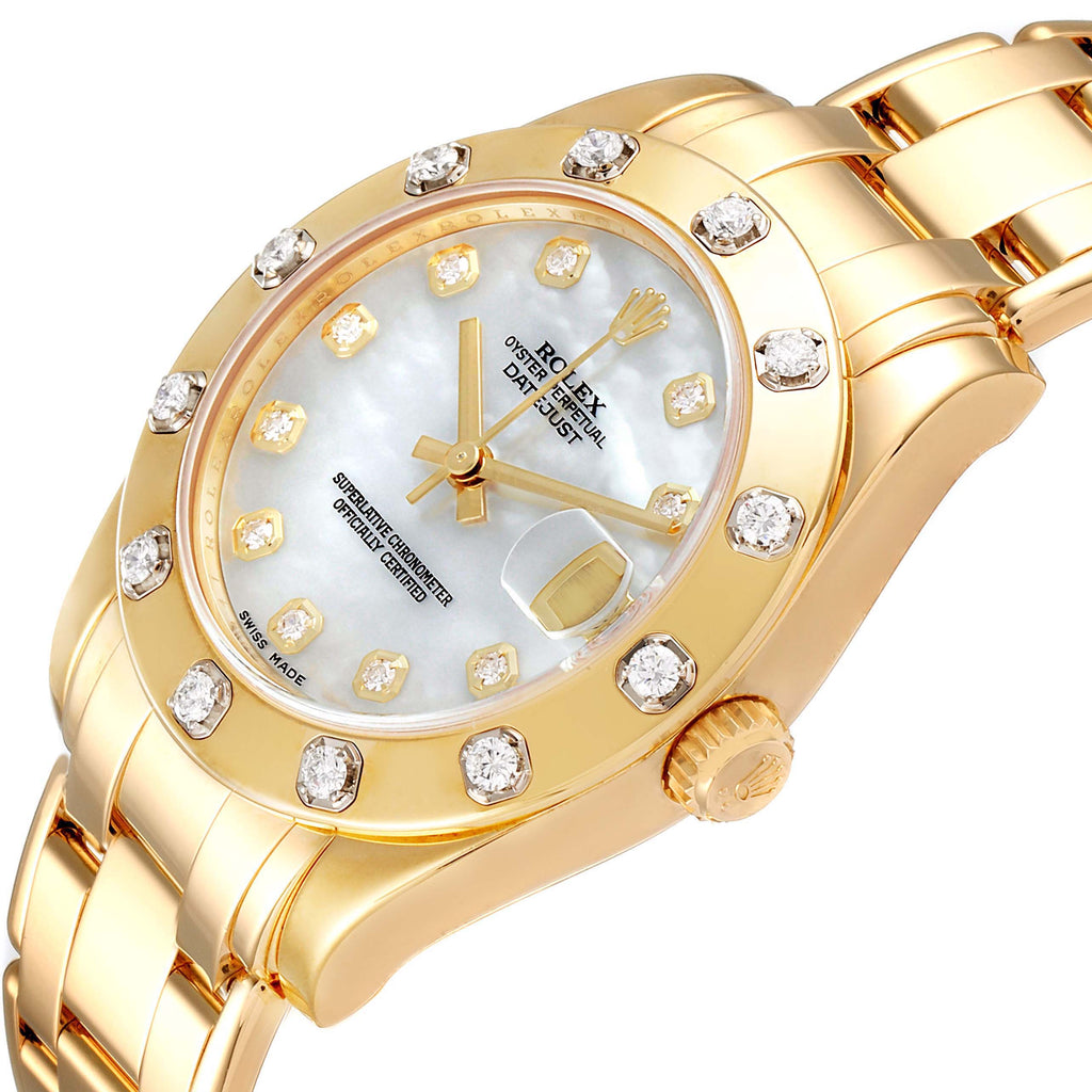 Rolex Pearlmaster 34mm Midsize Yellow Gold MOP Diamond Ladies Watch 81318