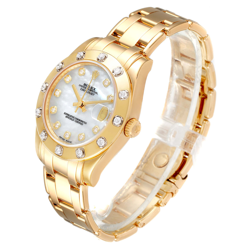 Rolex Pearlmaster 34mm Midsize Yellow Gold MOP Diamond Ladies Watch 81318
