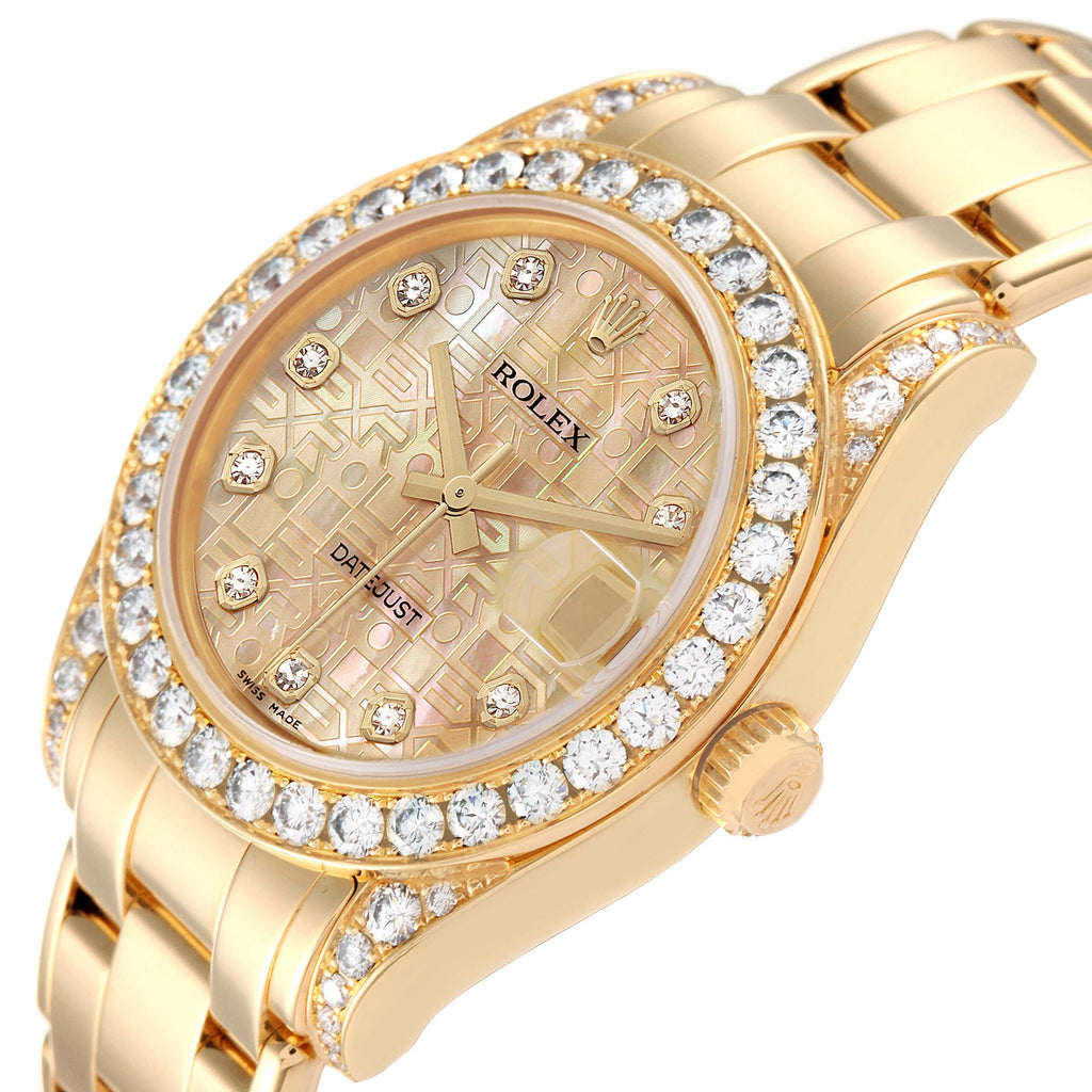 Rolex Pearlmaster 34mm Yellow Gold MOP Diamond Ladies Watch 81158 Box Papers