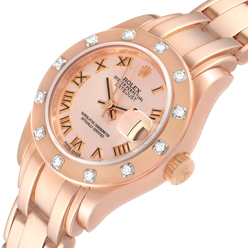 Rolex Pearlmaster Rose Gold Rose Roman Dial Diamond Ladies Watch 80315 Box Card