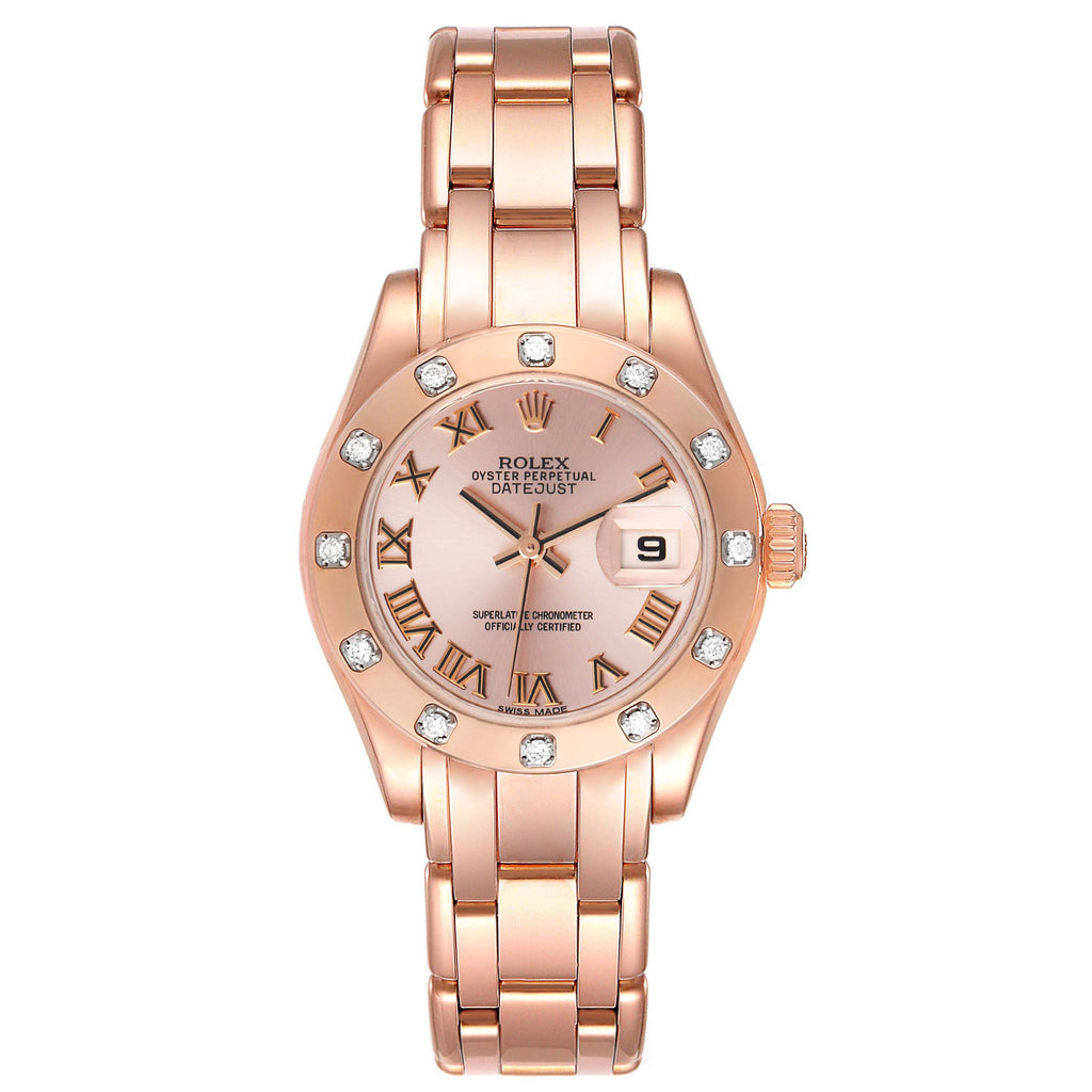 Rolex Pearlmaster Rose Gold Rose Roman Dial Diamond Ladies Watch 80315 Box Card
