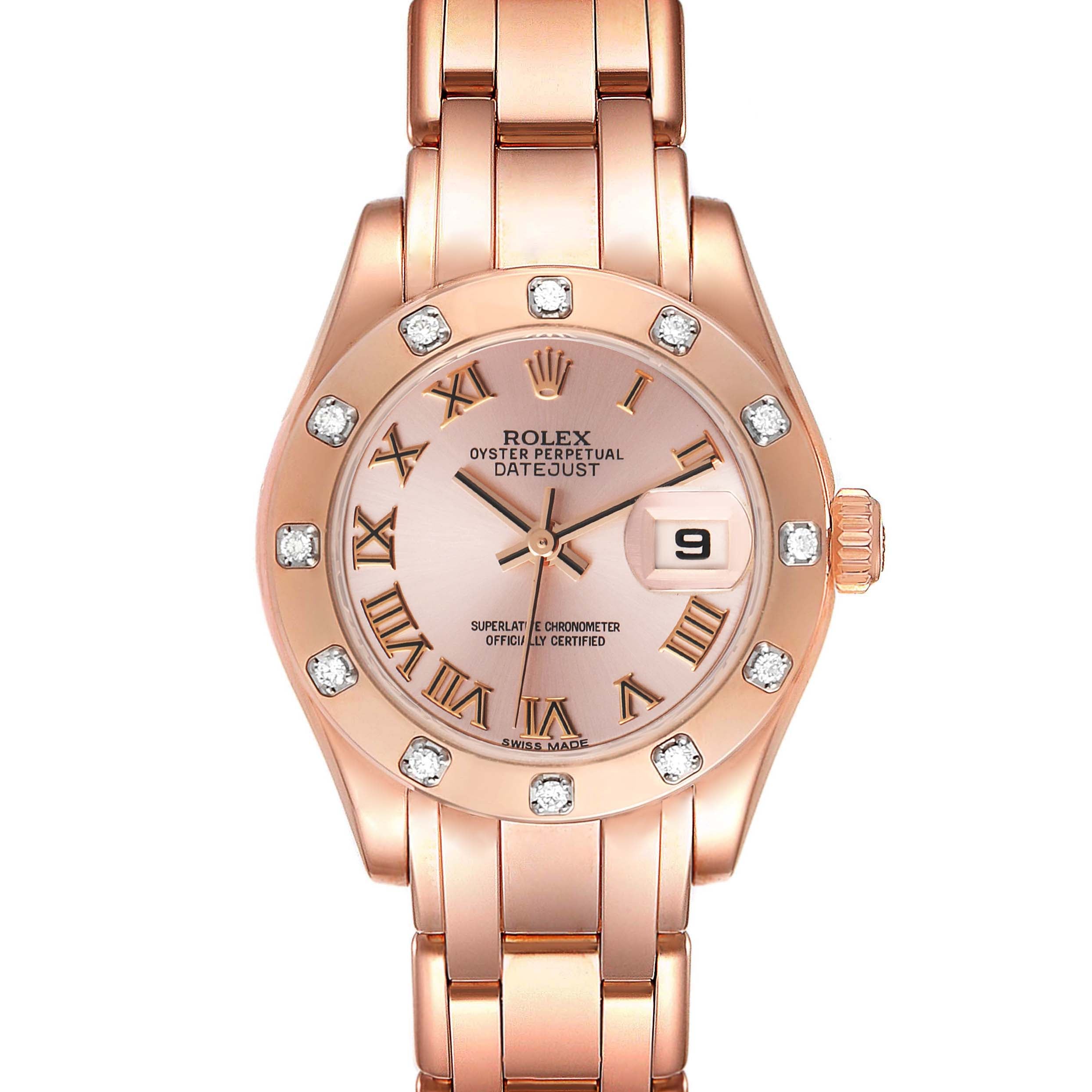 Rolex Pearlmaster Rose Gold Rose Roman Dial Diamond Ladies Watch 80315 Box Card