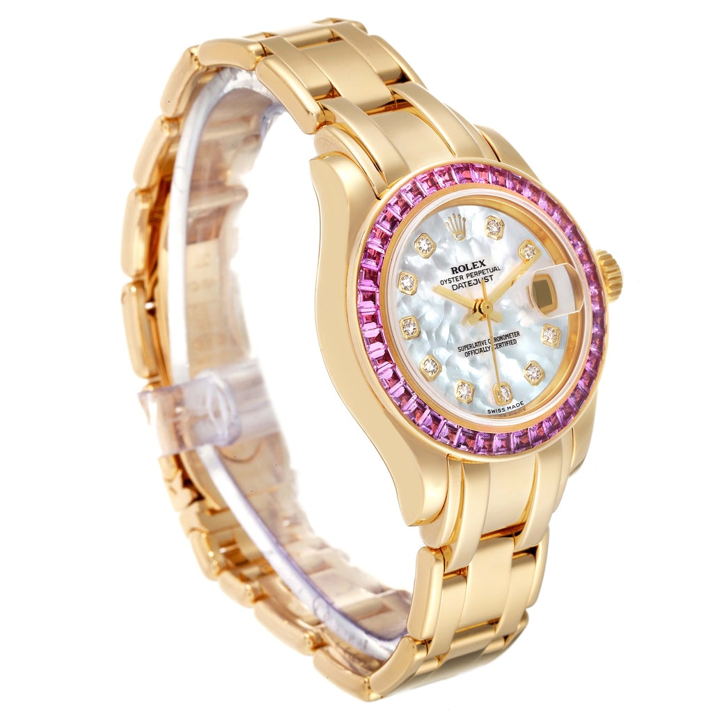 Rolex Pearlmaster Yellow Gold Mother of Pearl Diamond Pink Sapphire Ladies Watch 80308