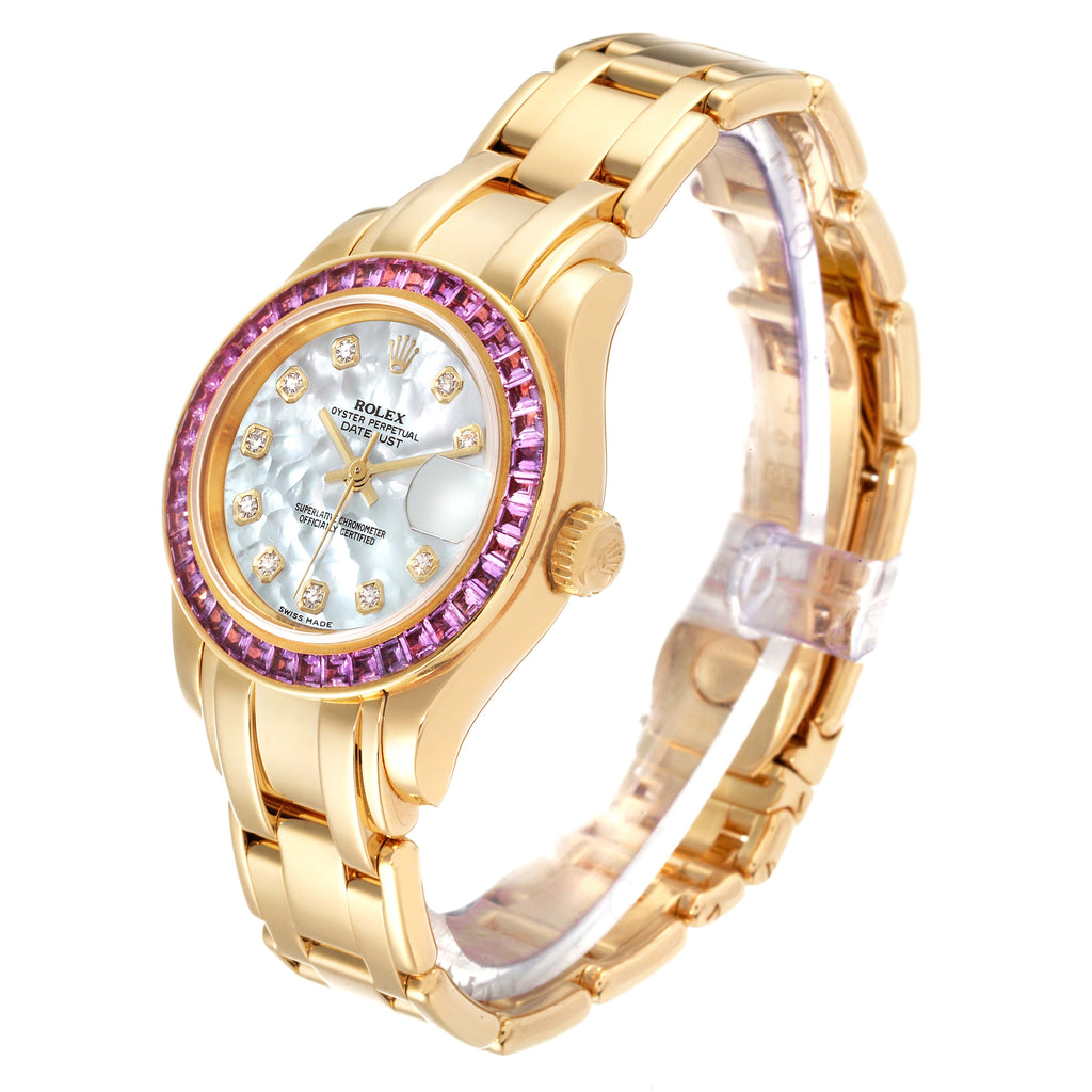Rolex Pearlmaster Yellow Gold Mother of Pearl Diamond Pink Sapphire Ladies Watch 80308