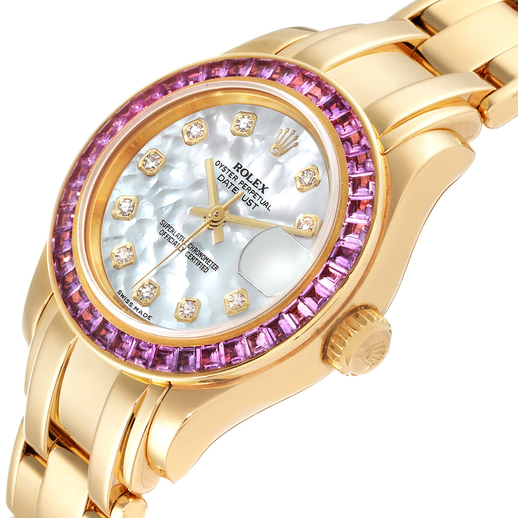 Rolex Pearlmaster Yellow Gold Mother of Pearl Diamond Pink Sapphire Ladies Watch 80308