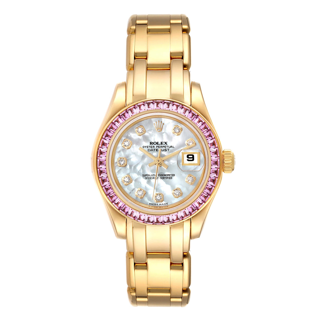 Rolex Pearlmaster Yellow Gold Mother of Pearl Diamond Pink Sapphire Ladies Watch 80308