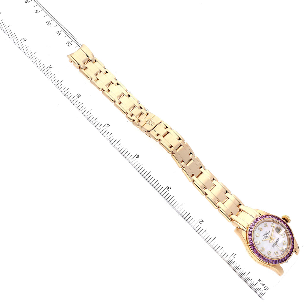 Rolex Pearlmaster Yellow Gold Mother of Pearl Diamond Pink Sapphire Ladies Watch 80308