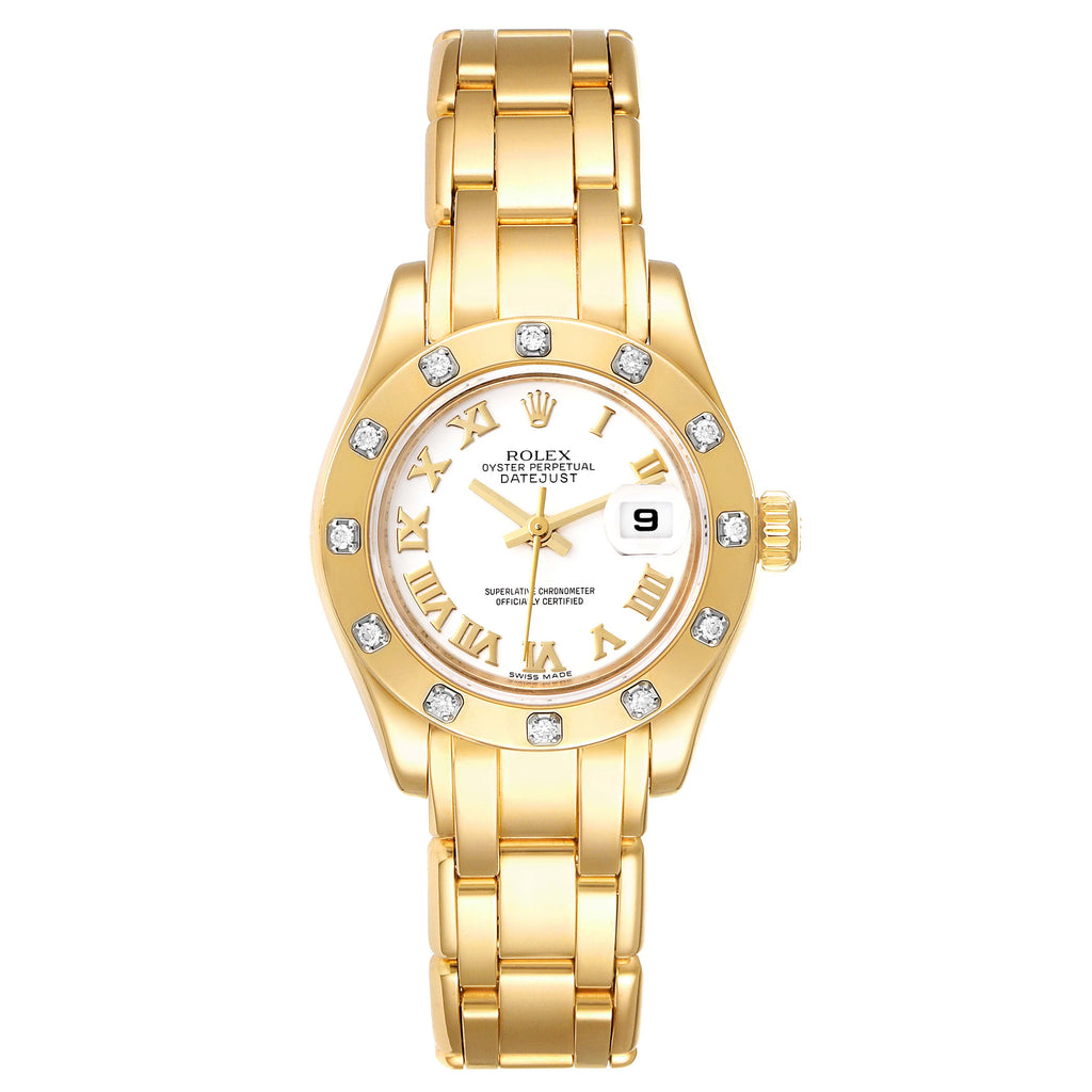 Rolex Pearlmaster Yellow Gold White Dial Diamond Ladies Watch 80318 Box Card