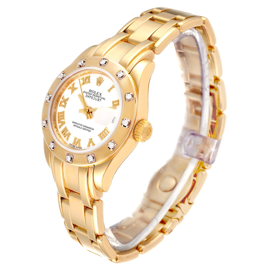 Rolex Pearlmaster Yellow Gold White Dial Diamond Ladies Watch 80318 Box Card