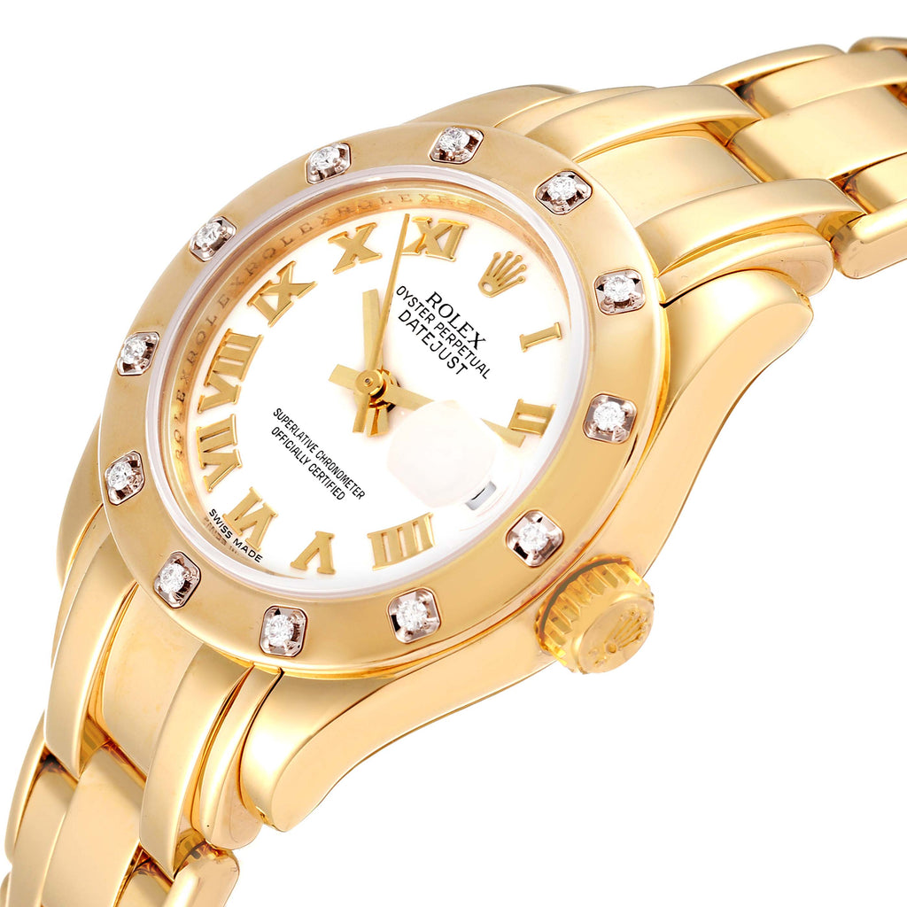 Rolex Pearlmaster Yellow Gold White Dial Diamond Ladies Watch 80318 Box Card