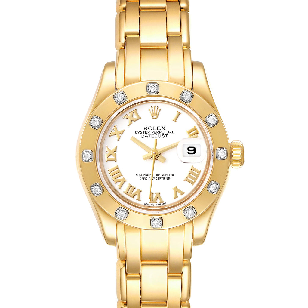 Rolex Pearlmaster Yellow Gold White Dial Diamond Ladies Watch 80318 Box Card