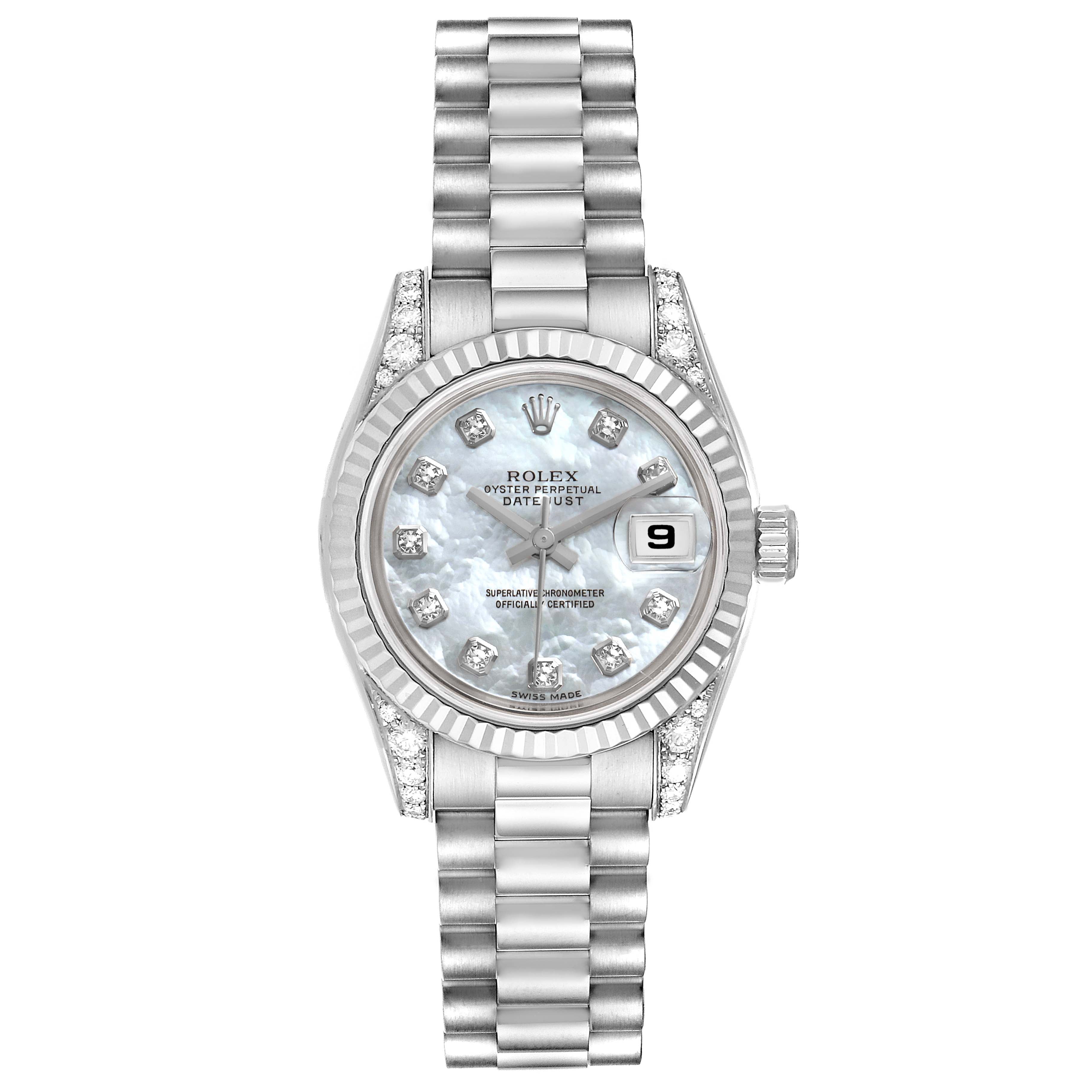 Rolex President White Gold Mother of Pearl Diamond Ladies Watch 179239 Box Card