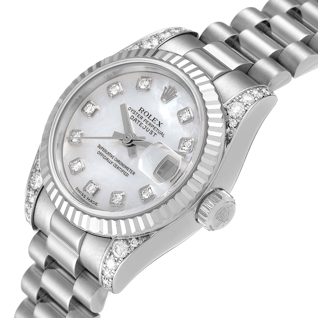Rolex President White Gold Mother of Pearl Diamond Ladies Watch 179239 Box Card