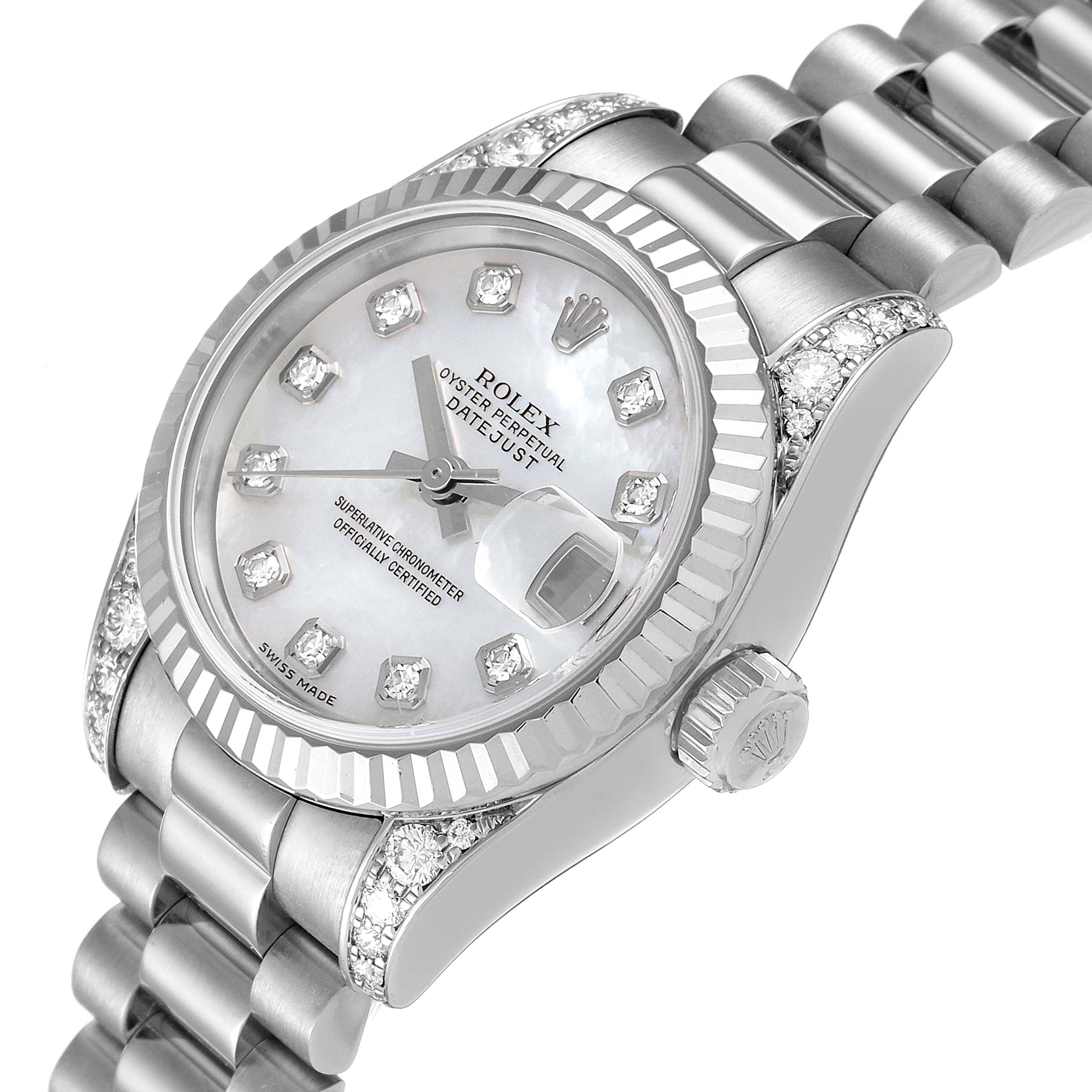 Rolex President White Gold Mother of Pearl Diamond Ladies Watch 179239 Box Card