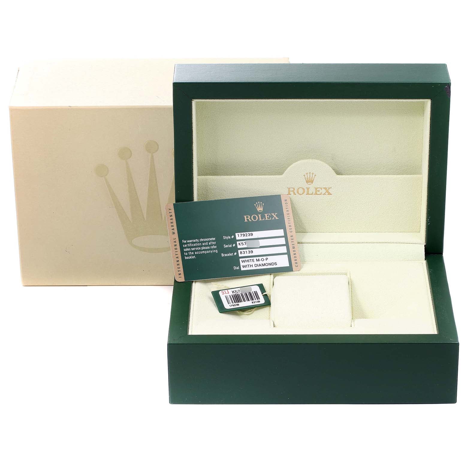 Rolex President White Gold Mother of Pearl Diamond Ladies Watch 179239 Box Card