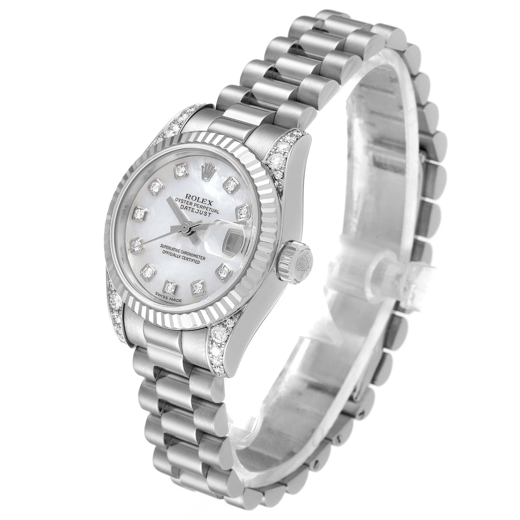 Rolex President White Gold Mother of Pearl Diamond Ladies Watch 179239 Box Card