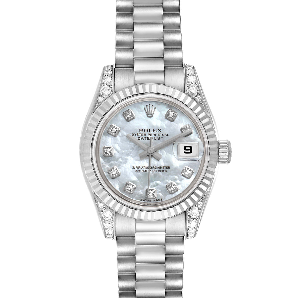 Rolex President White Gold Mother of Pearl Diamond Ladies Watch 179239 Box Card