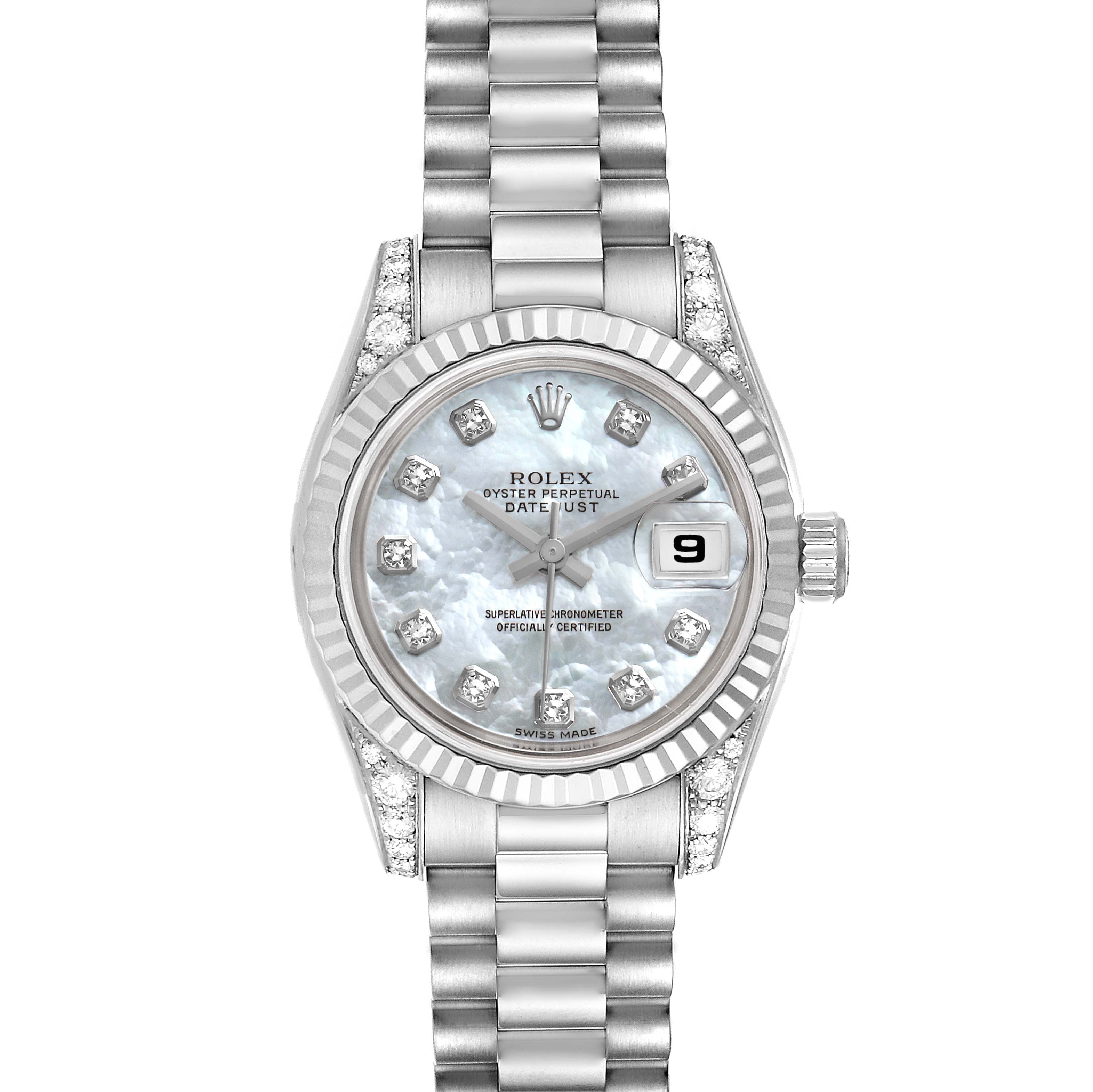 Rolex President White Gold Mother of Pearl Diamond Ladies Watch 179239 Box Card