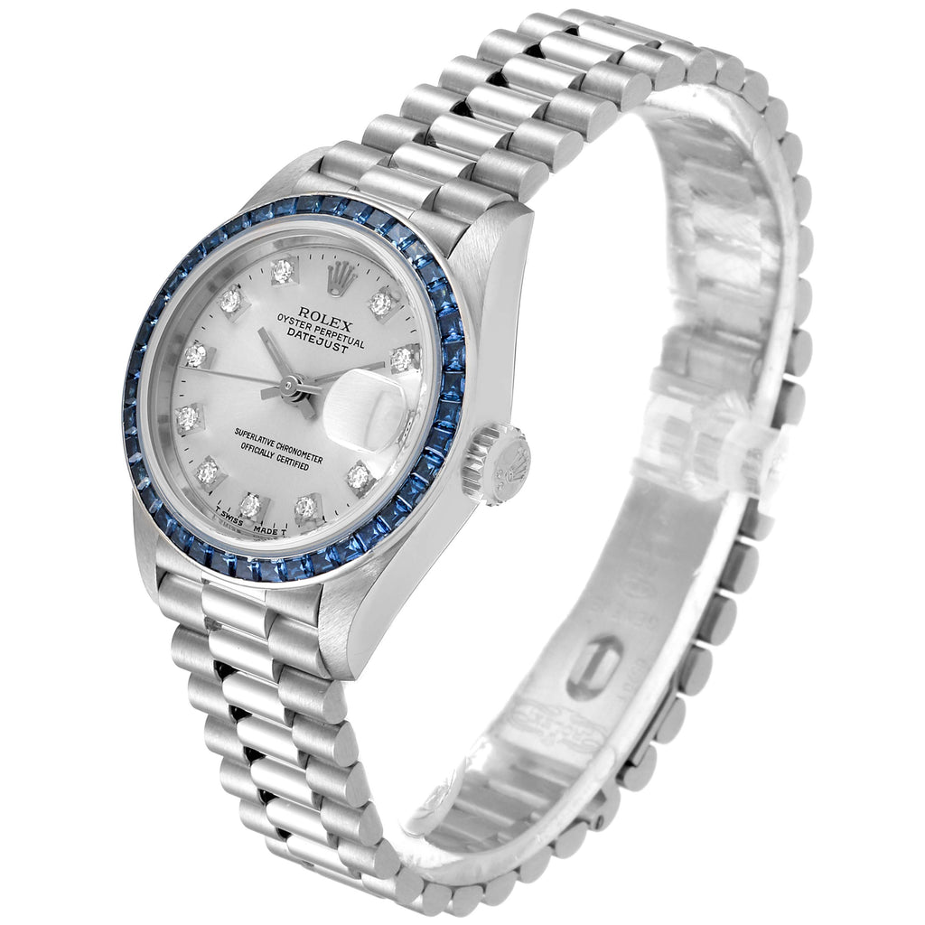 Rolex President White Gold Diamond Sapphire Ladies Watch 69119 Box Papers