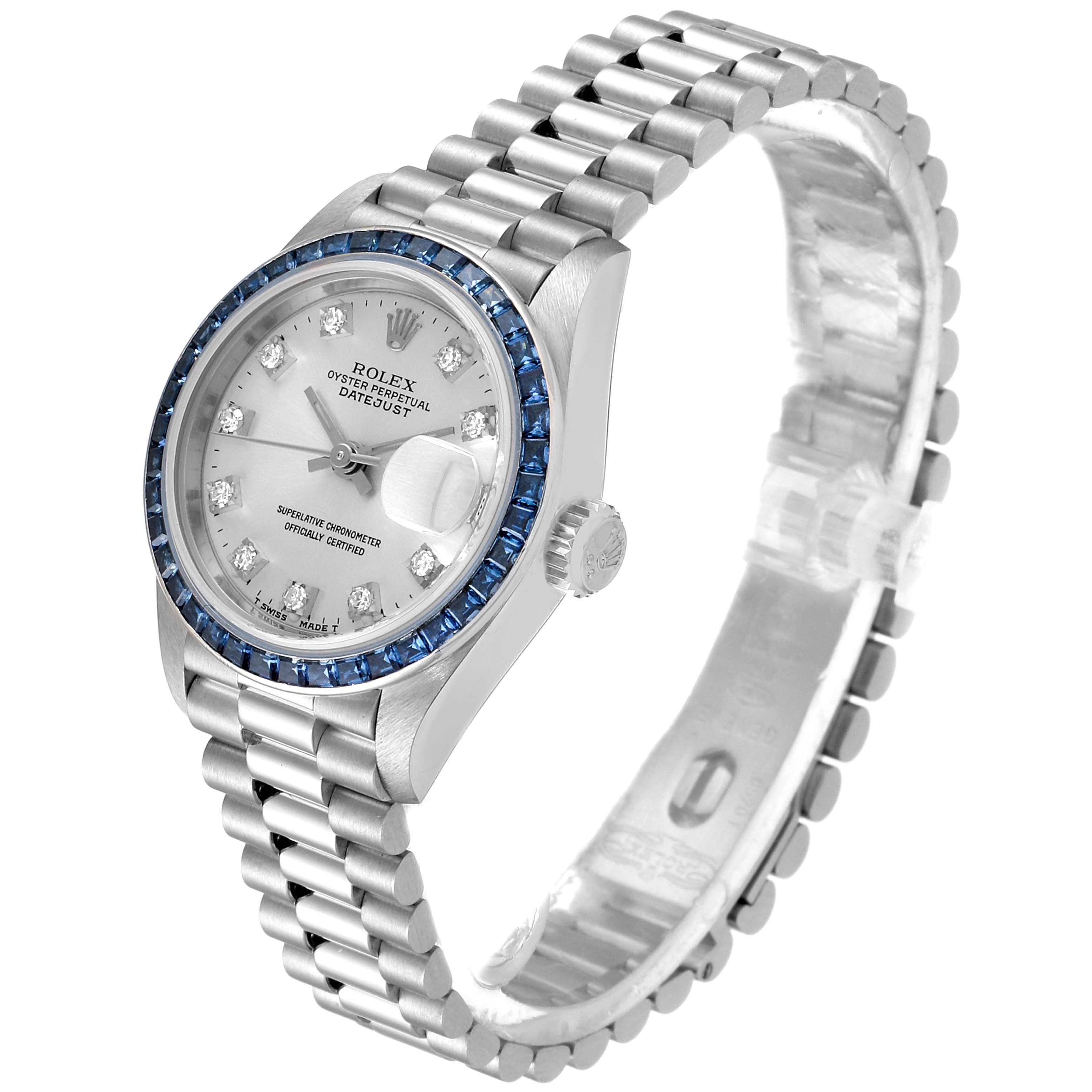 Rolex President White Gold Diamond Sapphire Ladies Watch 69119 Box Papers