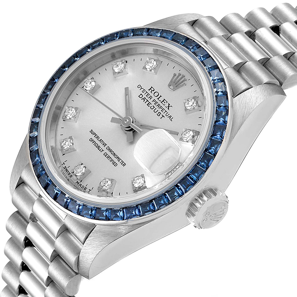 Rolex President White Gold Diamond Sapphire Ladies Watch 69119 Box Papers