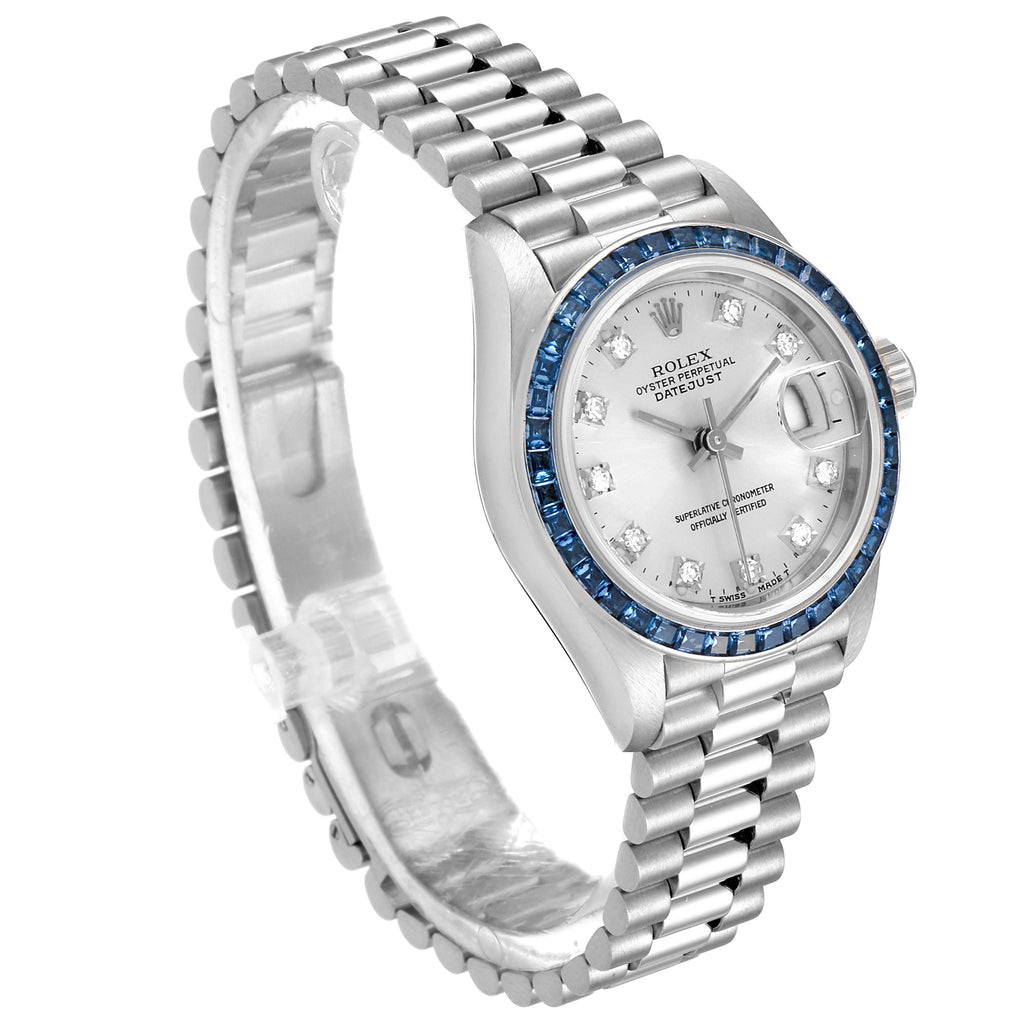 Rolex President White Gold Diamond Sapphire Ladies Watch 69119 Box Papers