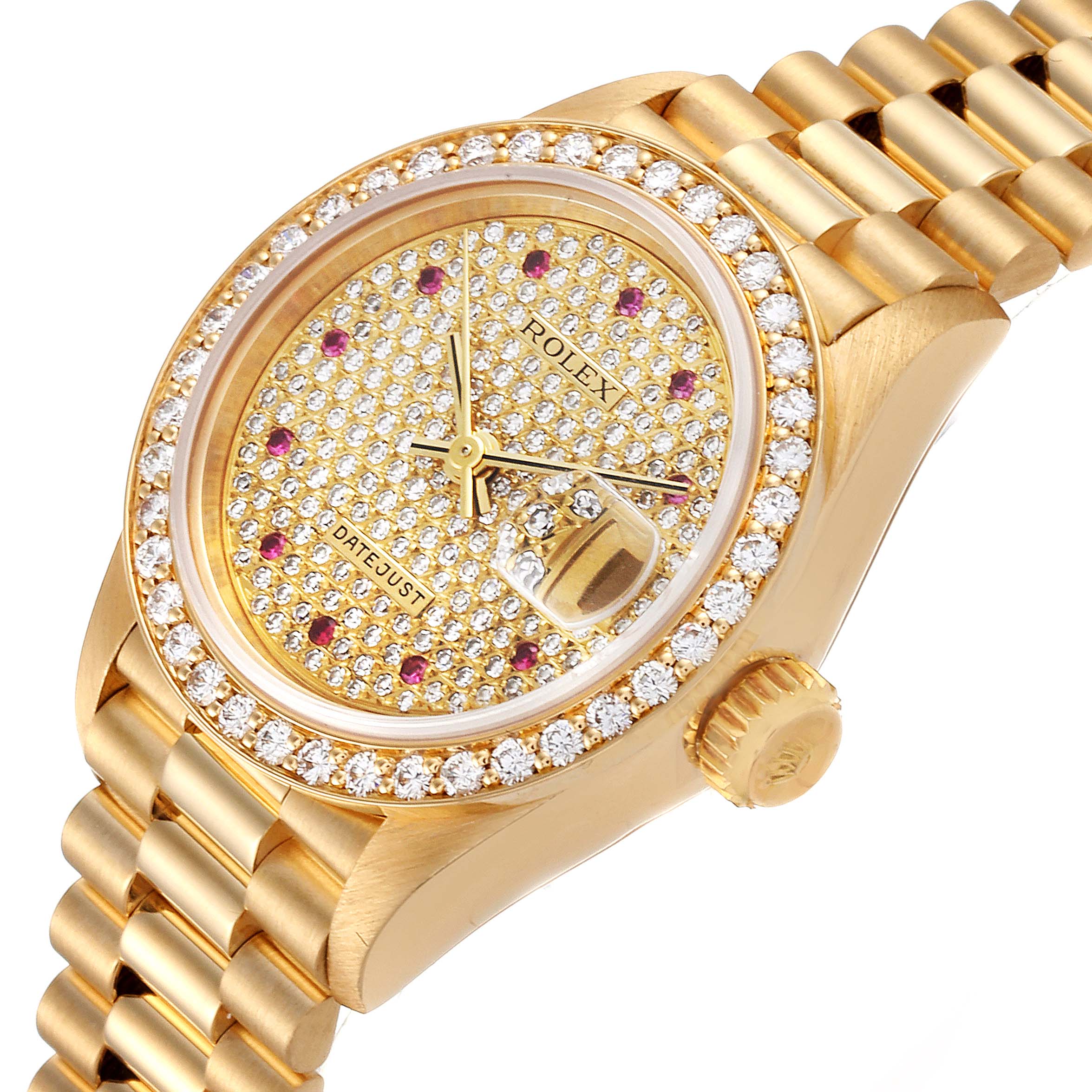 Rolex President Datejust Yellow Gold Diamond Ruby Ladies Watch 69138