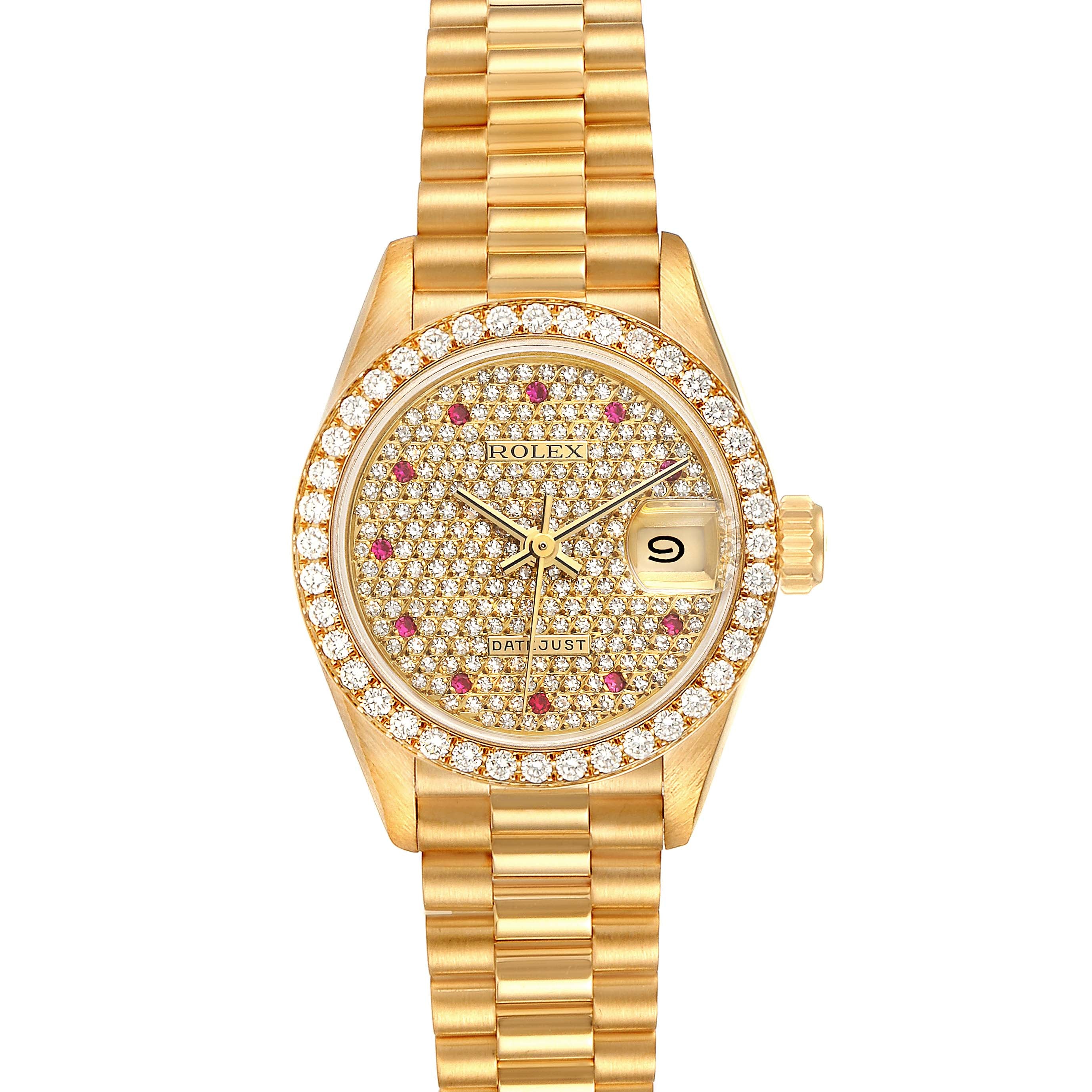 Rolex President Datejust Yellow Gold Diamond Ruby Ladies Watch 69138