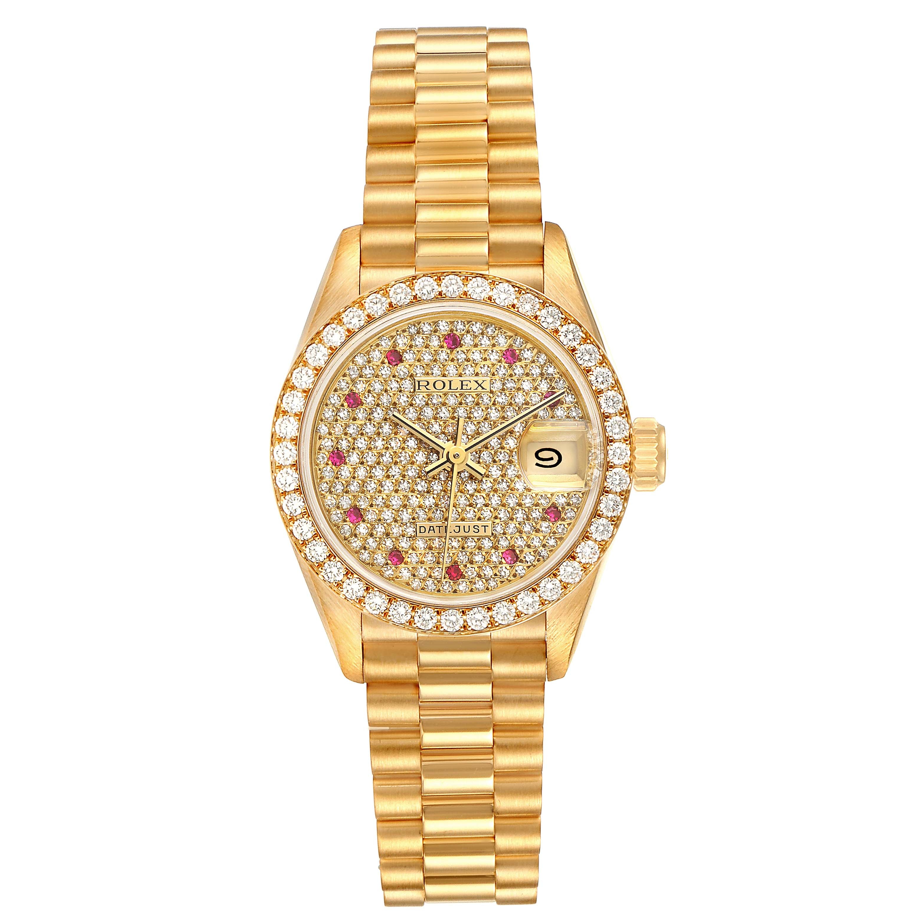 Rolex President Datejust Yellow Gold Diamond Ruby Ladies Watch 69138