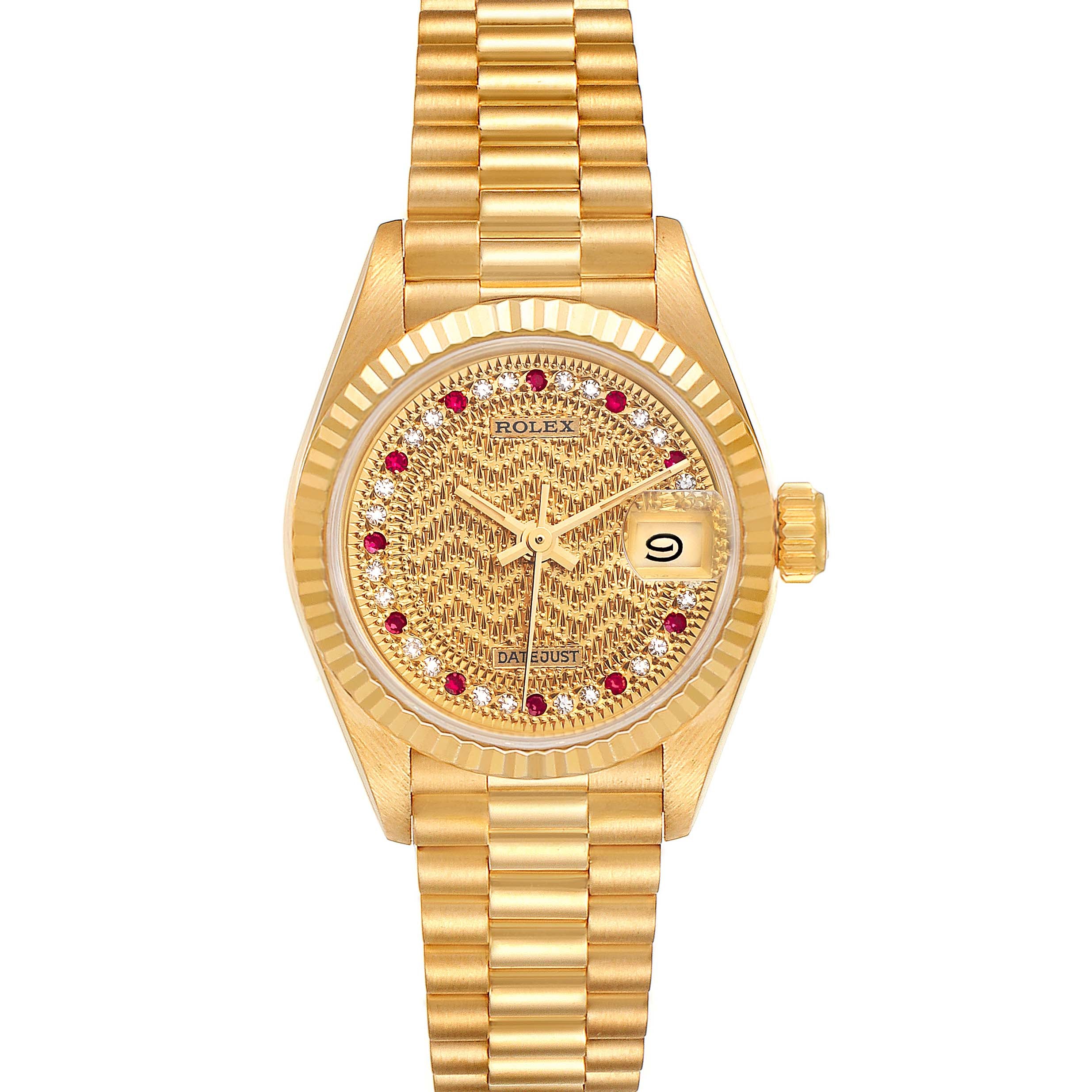 Rolex President Datejust Yellow Gold Diamond Rubies Missoni Dial Watch 69178 Box Papers