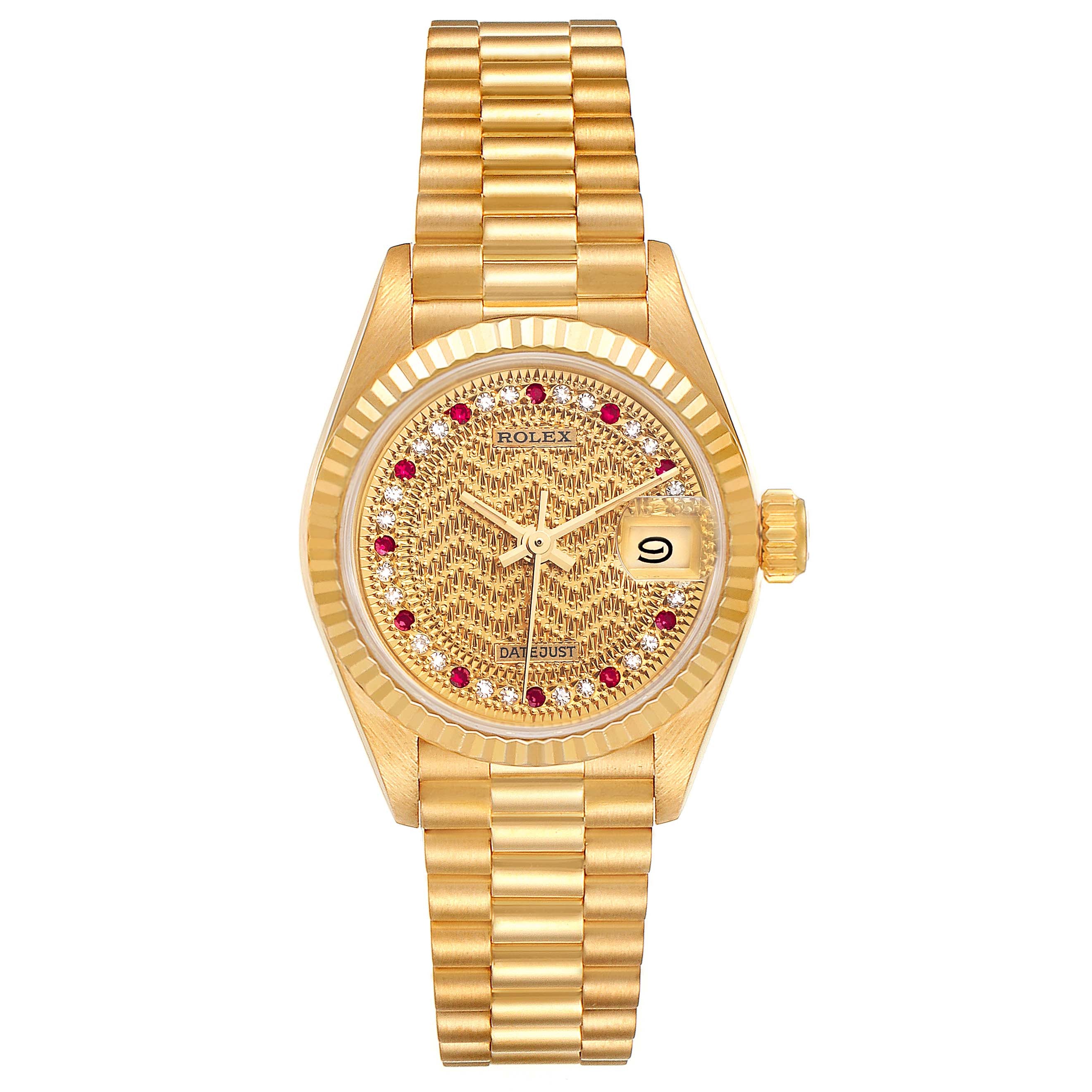 Rolex President Datejust Yellow Gold Diamond Rubies Missoni Dial Watch 69178 Box Papers