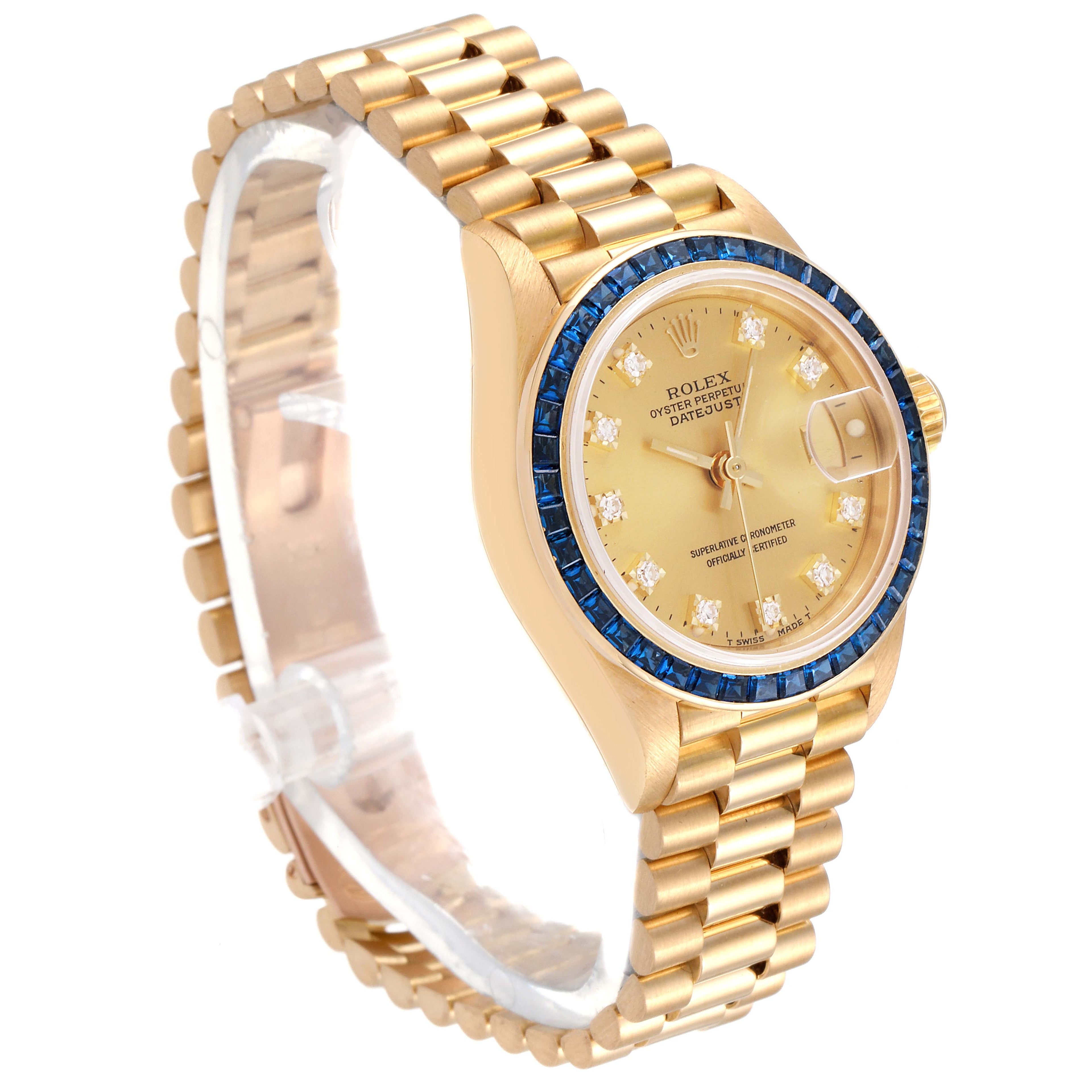 Rolex President Datejust Yellow Gold Diamond Sapphire Ladies Watch 69118