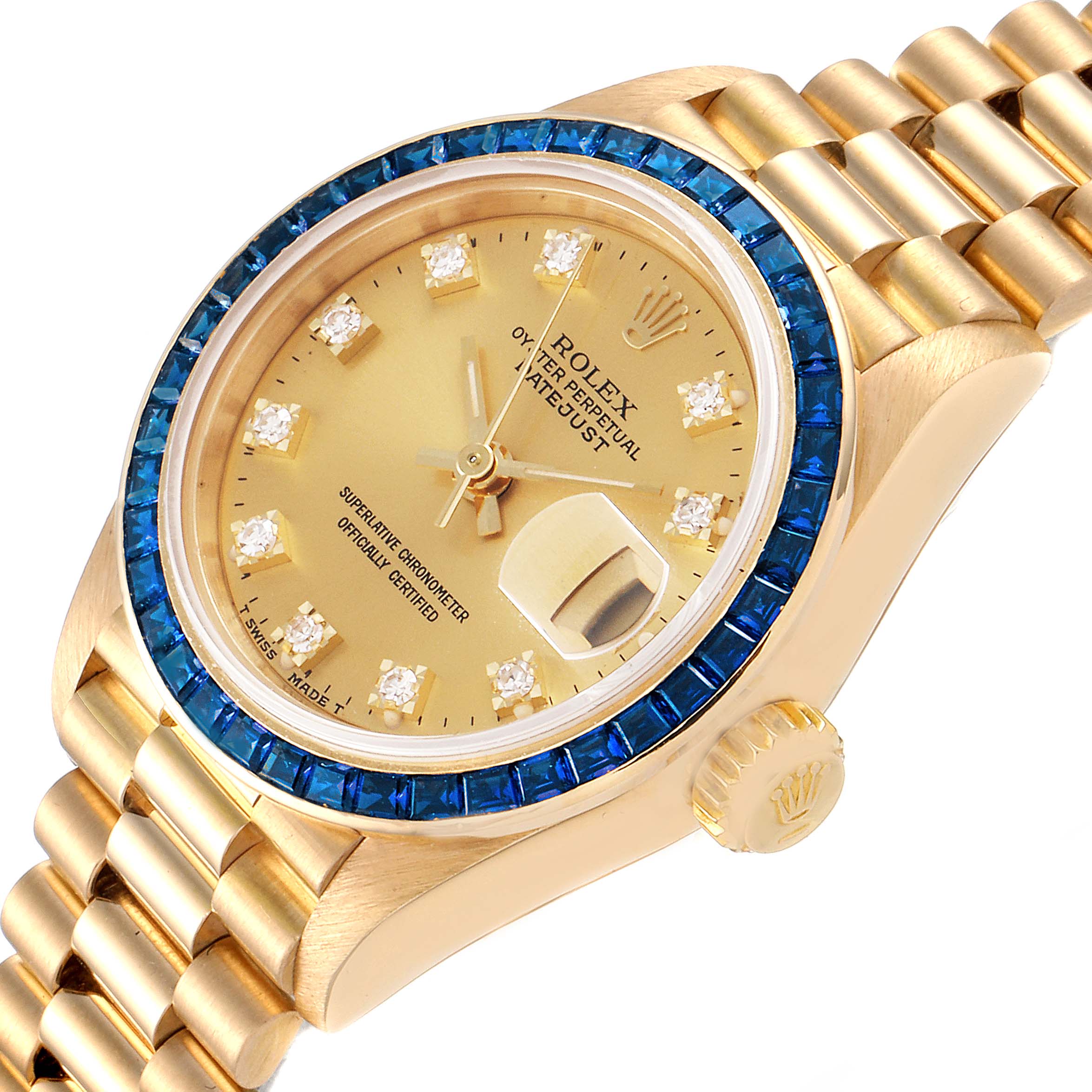 Rolex President Datejust Yellow Gold Diamond Sapphire Ladies Watch 69118