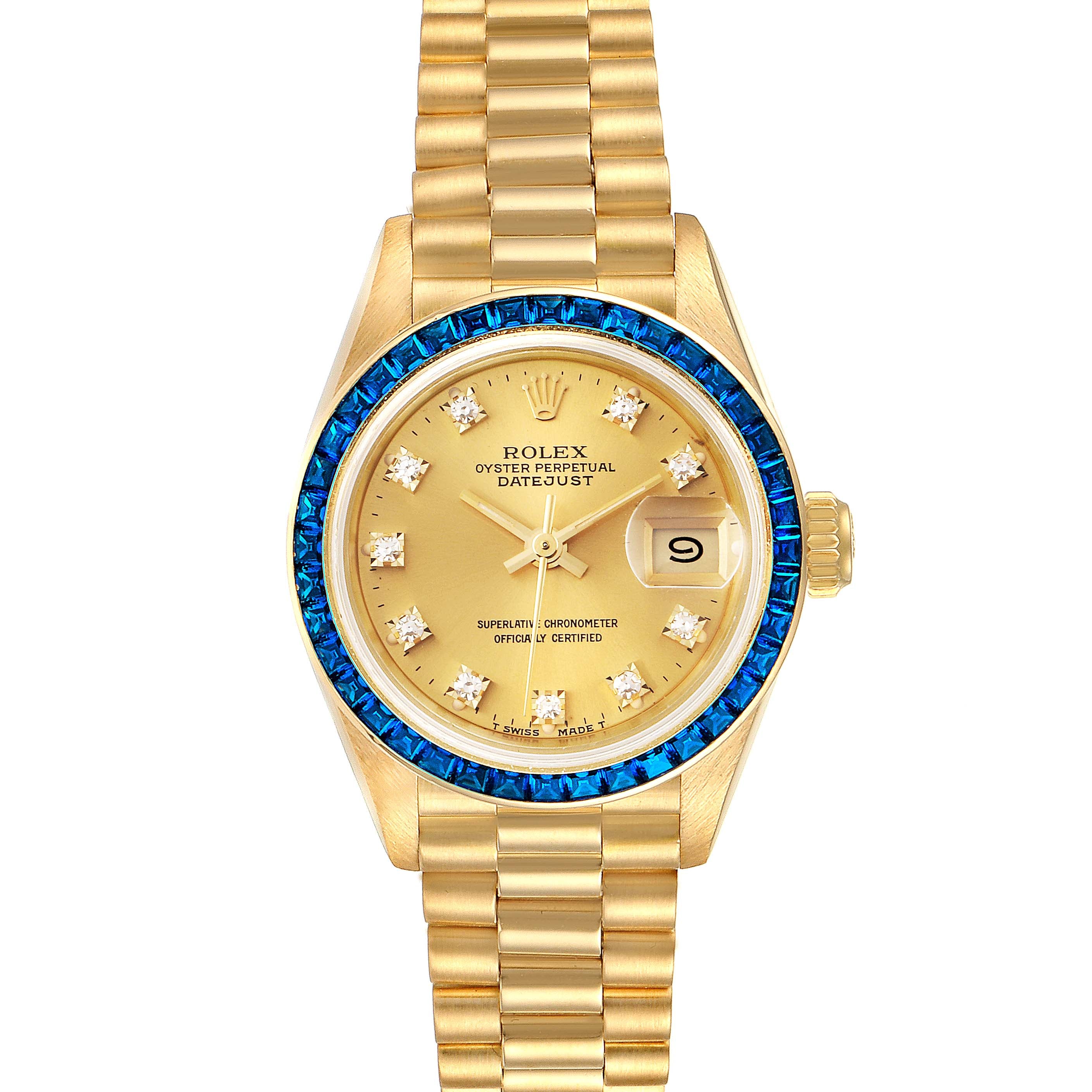 Rolex President Datejust Yellow Gold Diamond Sapphire Ladies Watch 69118