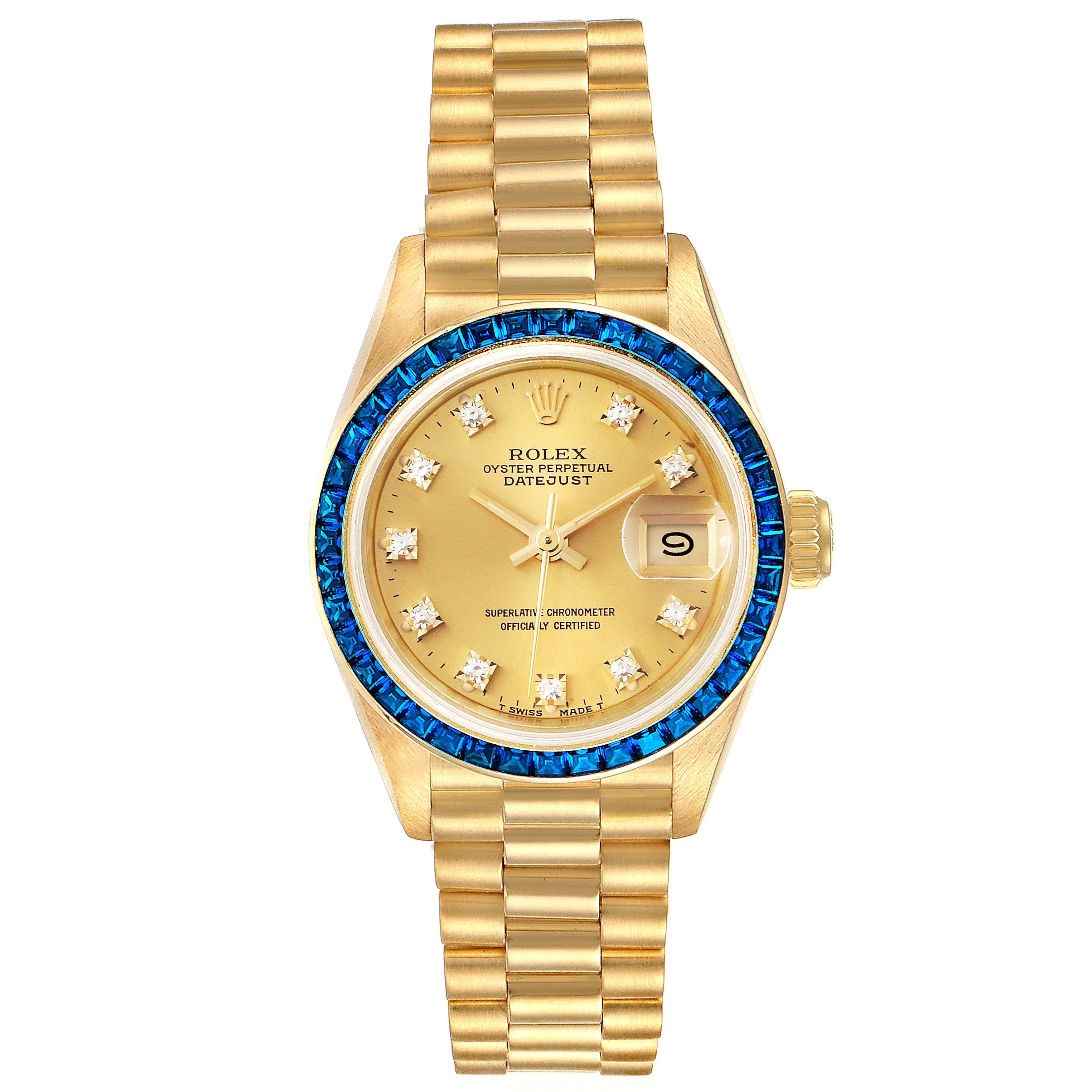 Rolex President Datejust Yellow Gold Diamond Sapphire Ladies Watch 69118