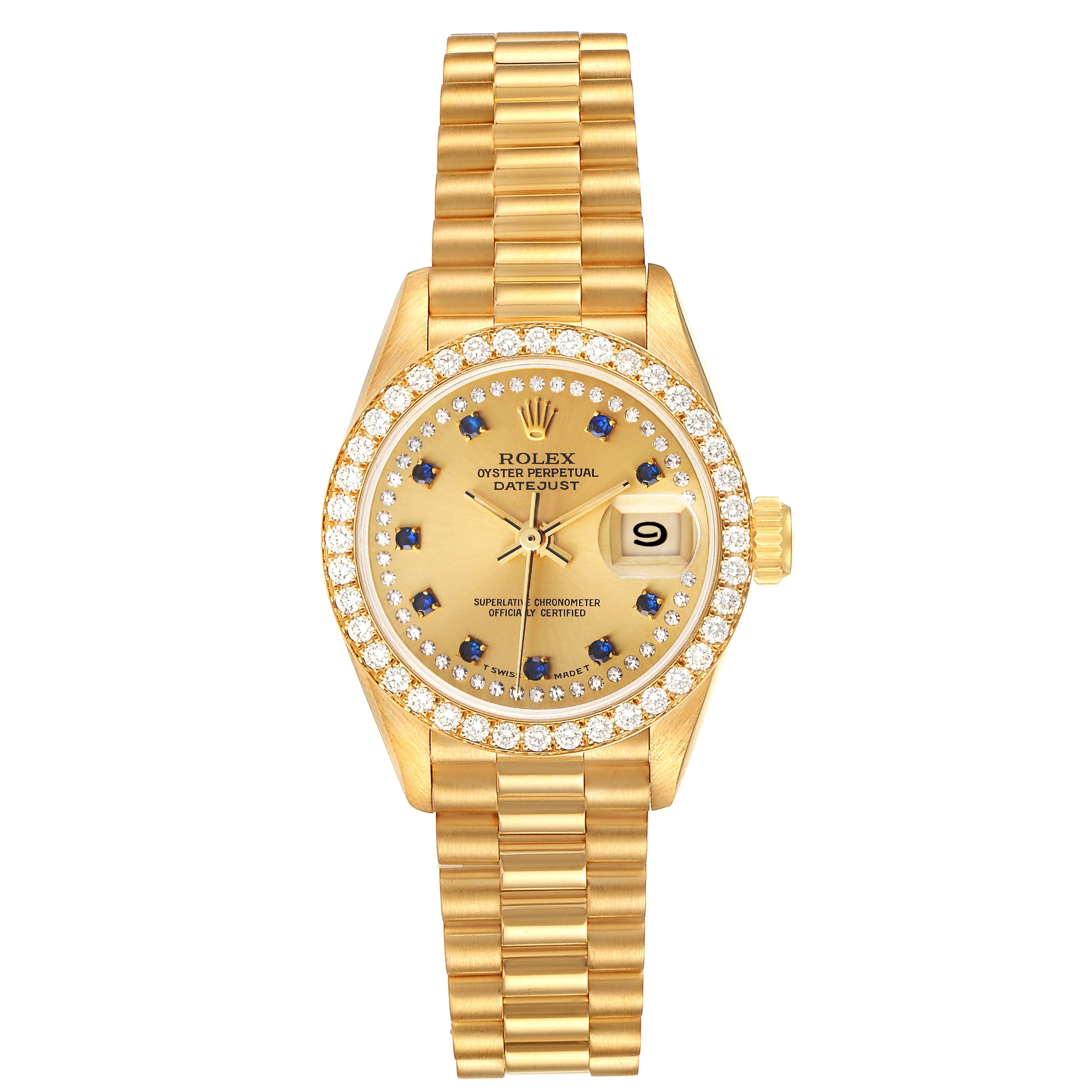 Rolex President Datejust Yellow Gold String Diamond Sapphires Ladies Watch 69138