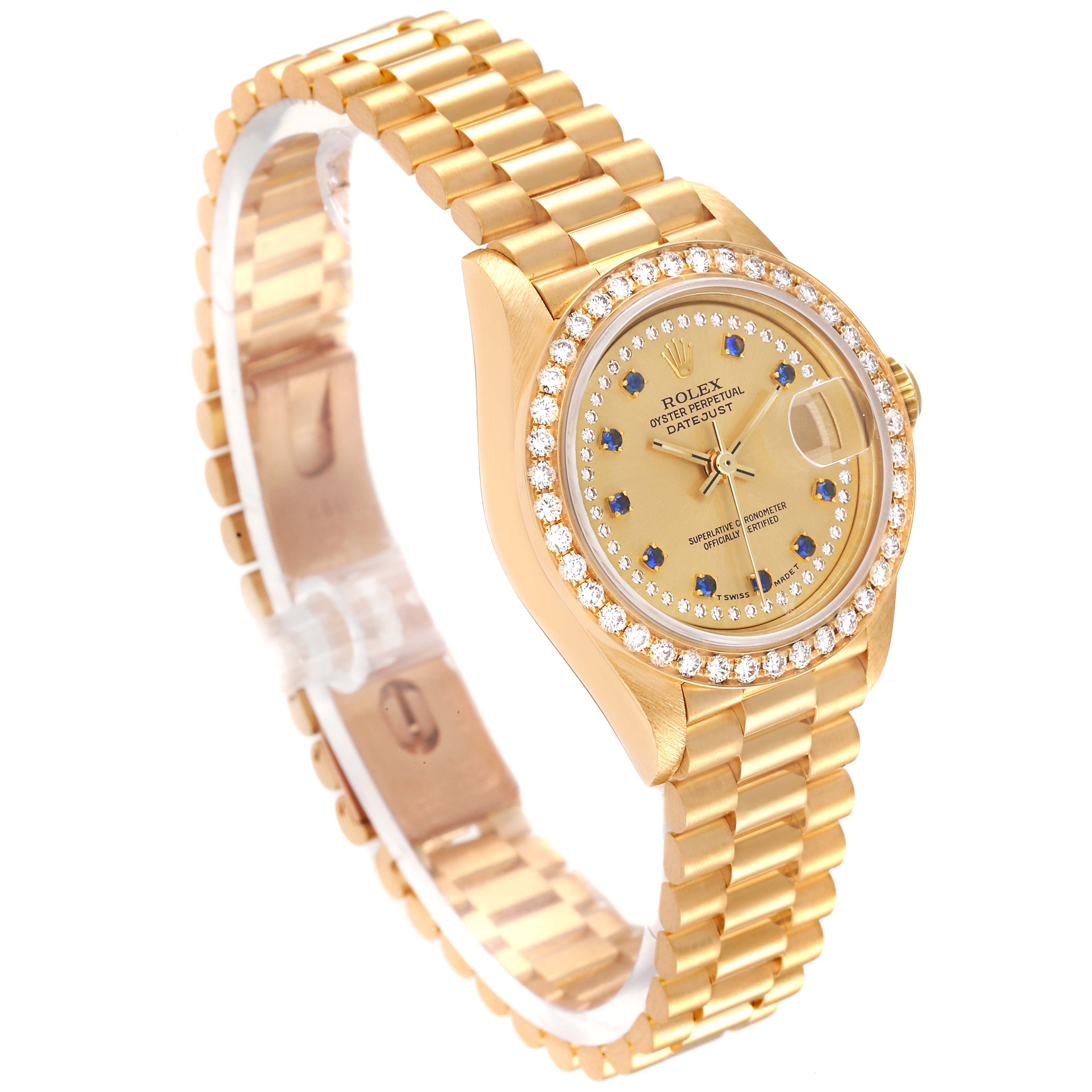 Rolex President Datejust Yellow Gold String Diamond Sapphires Ladies Watch 69138