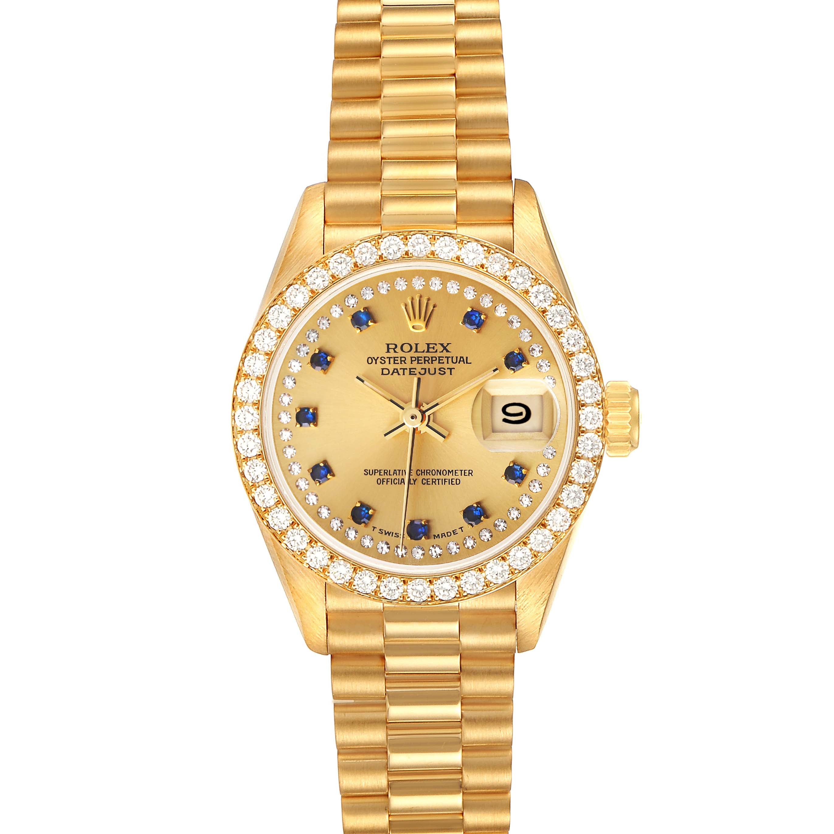Rolex President Datejust Yellow Gold String Diamond Sapphires Ladies Watch 69138