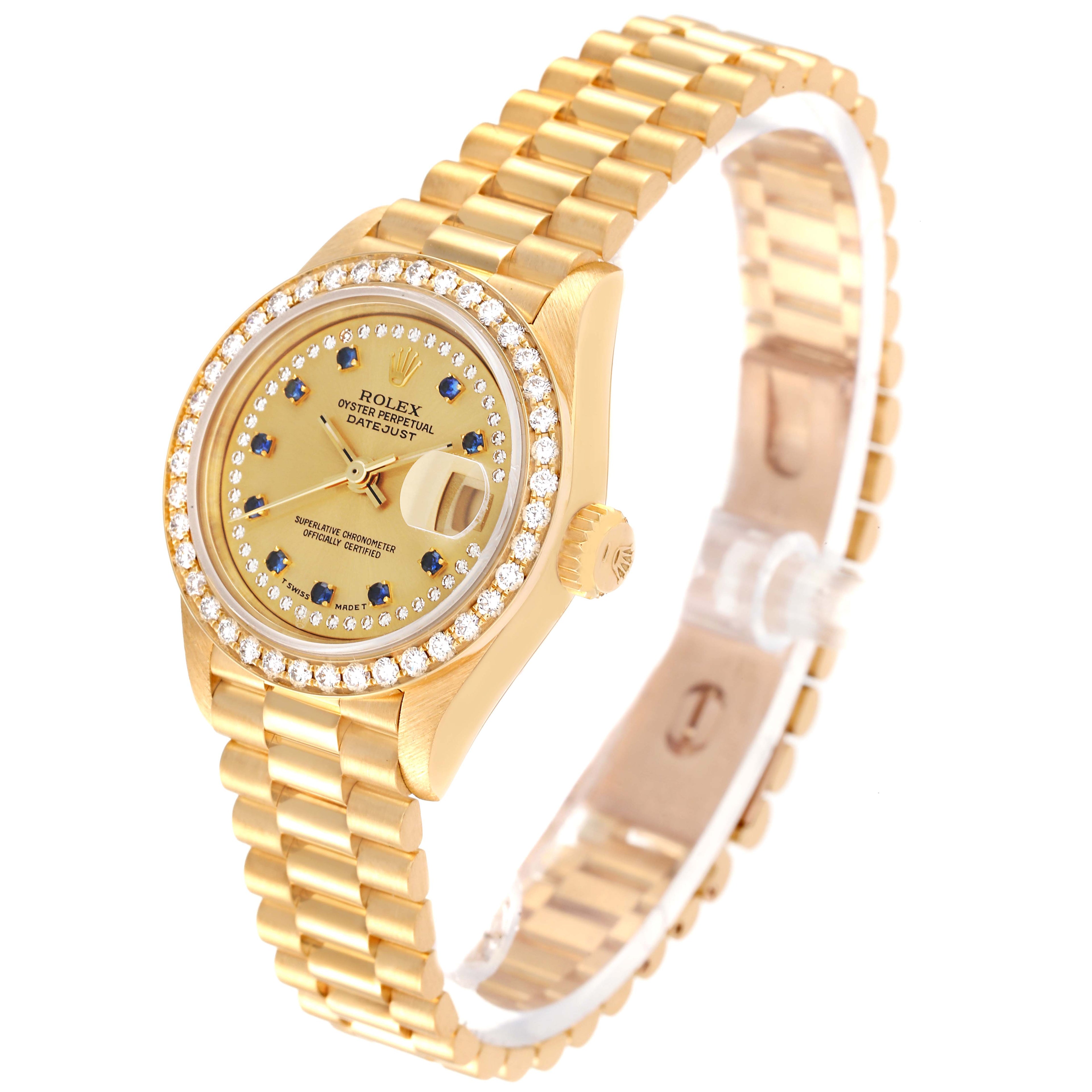 Rolex President Datejust Yellow Gold String Diamond Sapphires Ladies Watch 69138