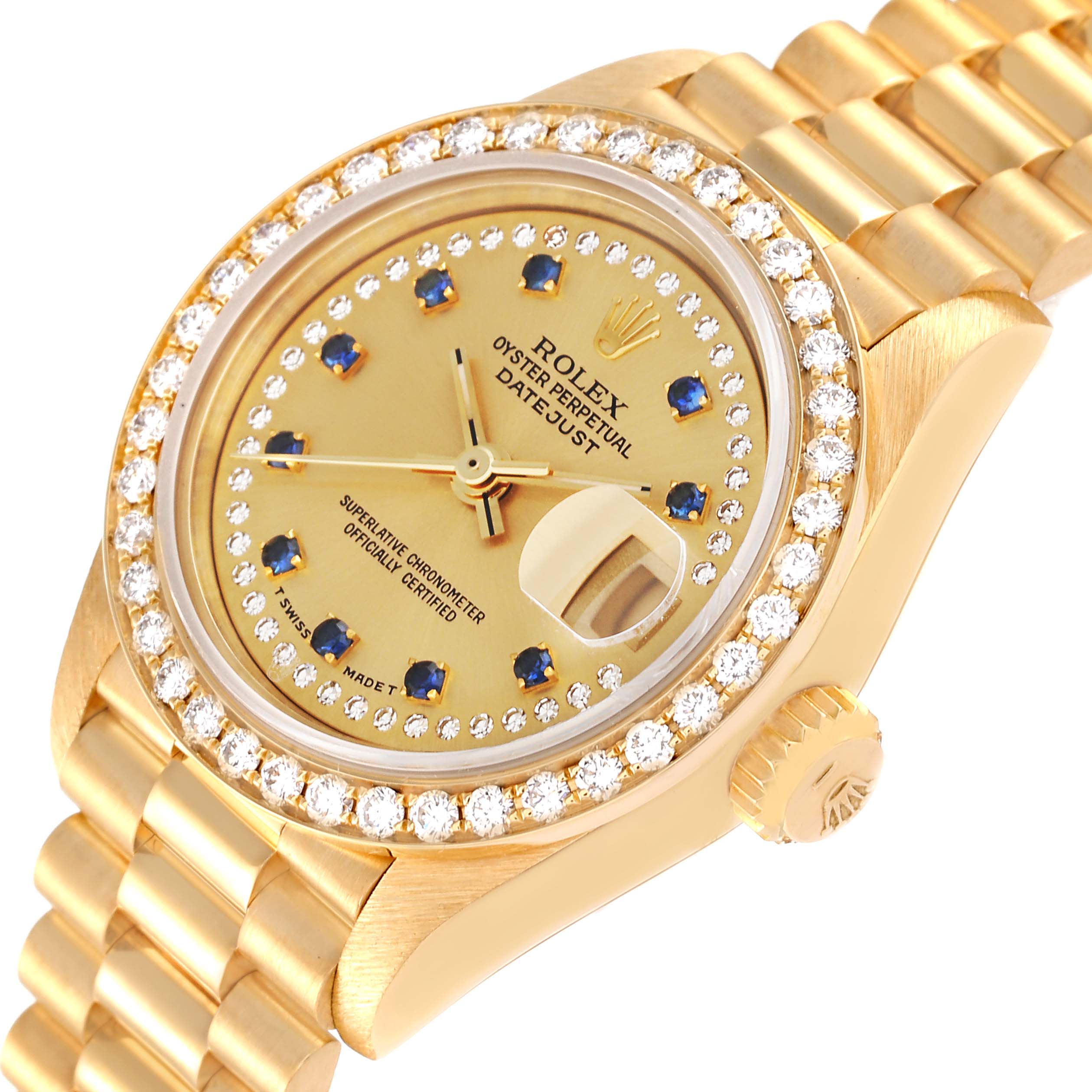 Rolex President Datejust Yellow Gold String Diamond Sapphires Ladies Watch 69138