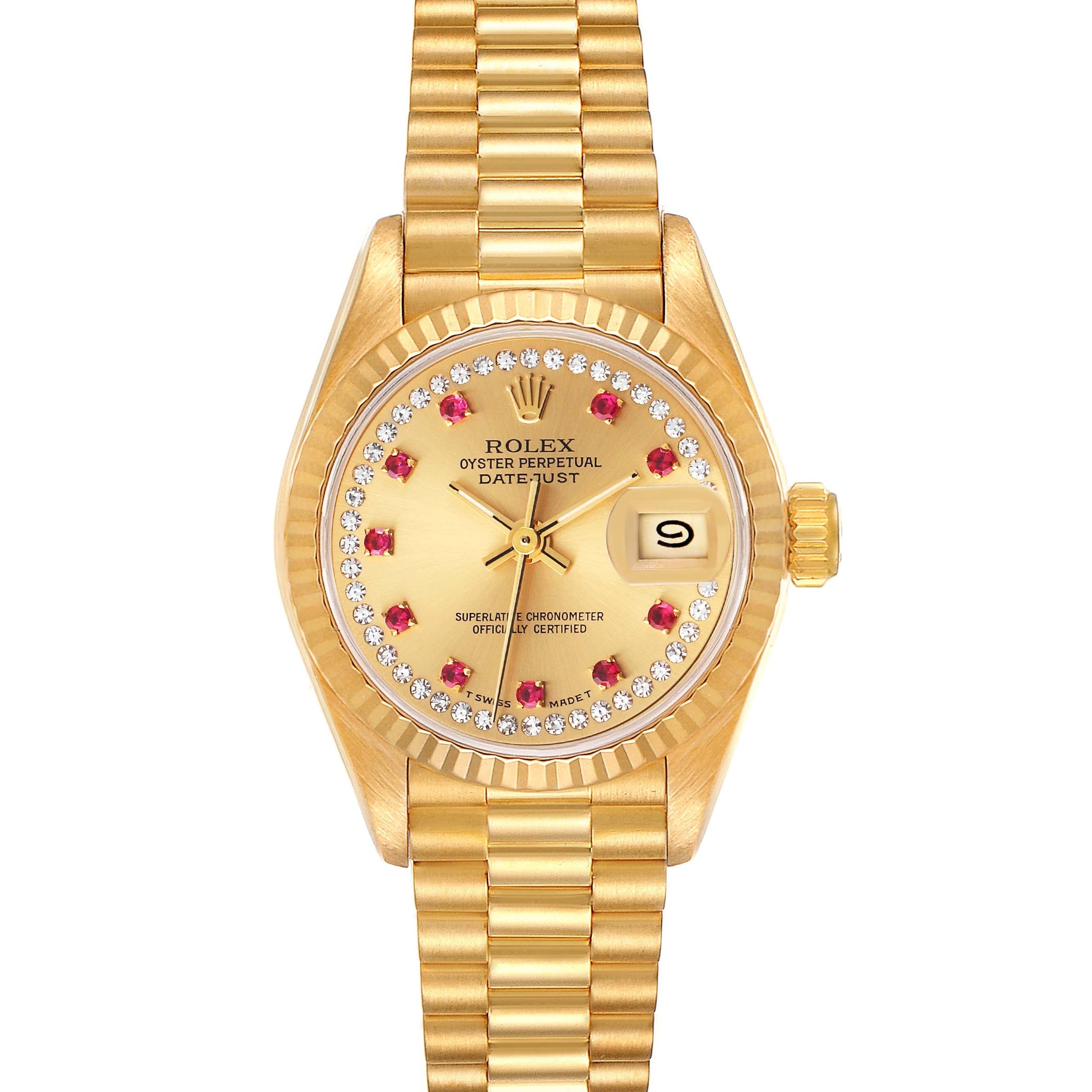 Rolex President Datejust Yellow Gold Diamonds Rubies Ladies Watch 69178