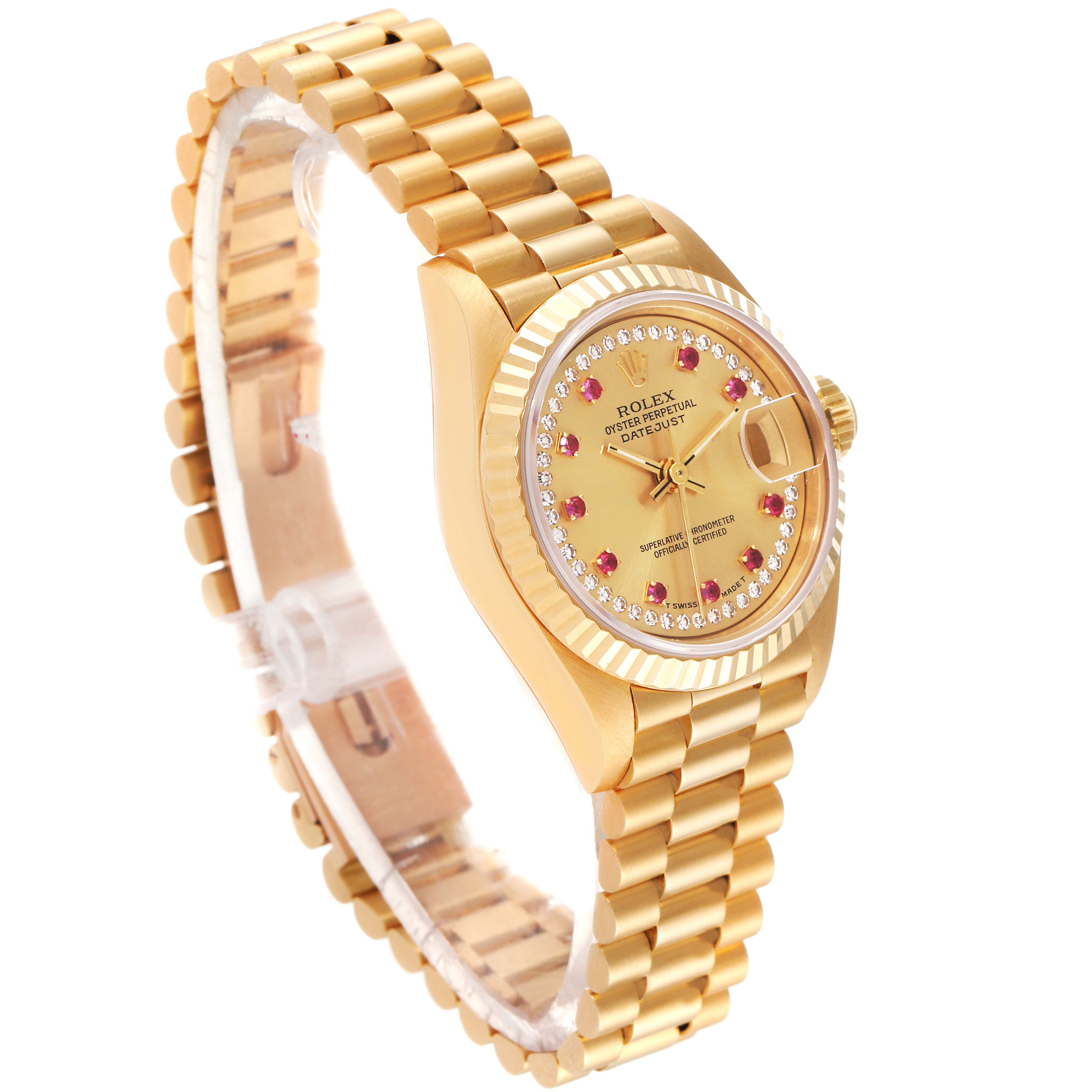 Rolex President Datejust Yellow Gold Diamonds Rubies Ladies Watch 69178