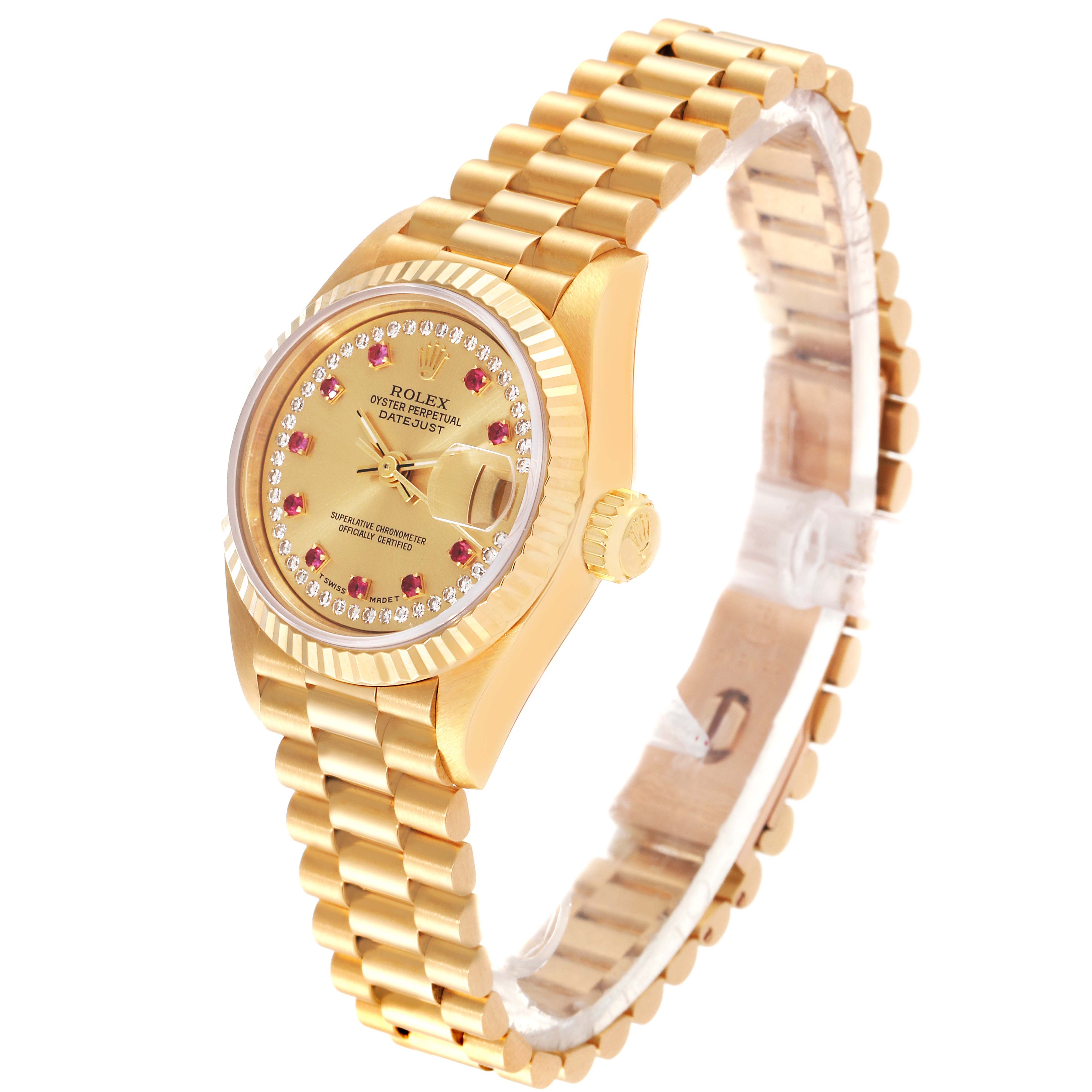 Rolex President Datejust Yellow Gold Diamonds Rubies Ladies Watch 69178