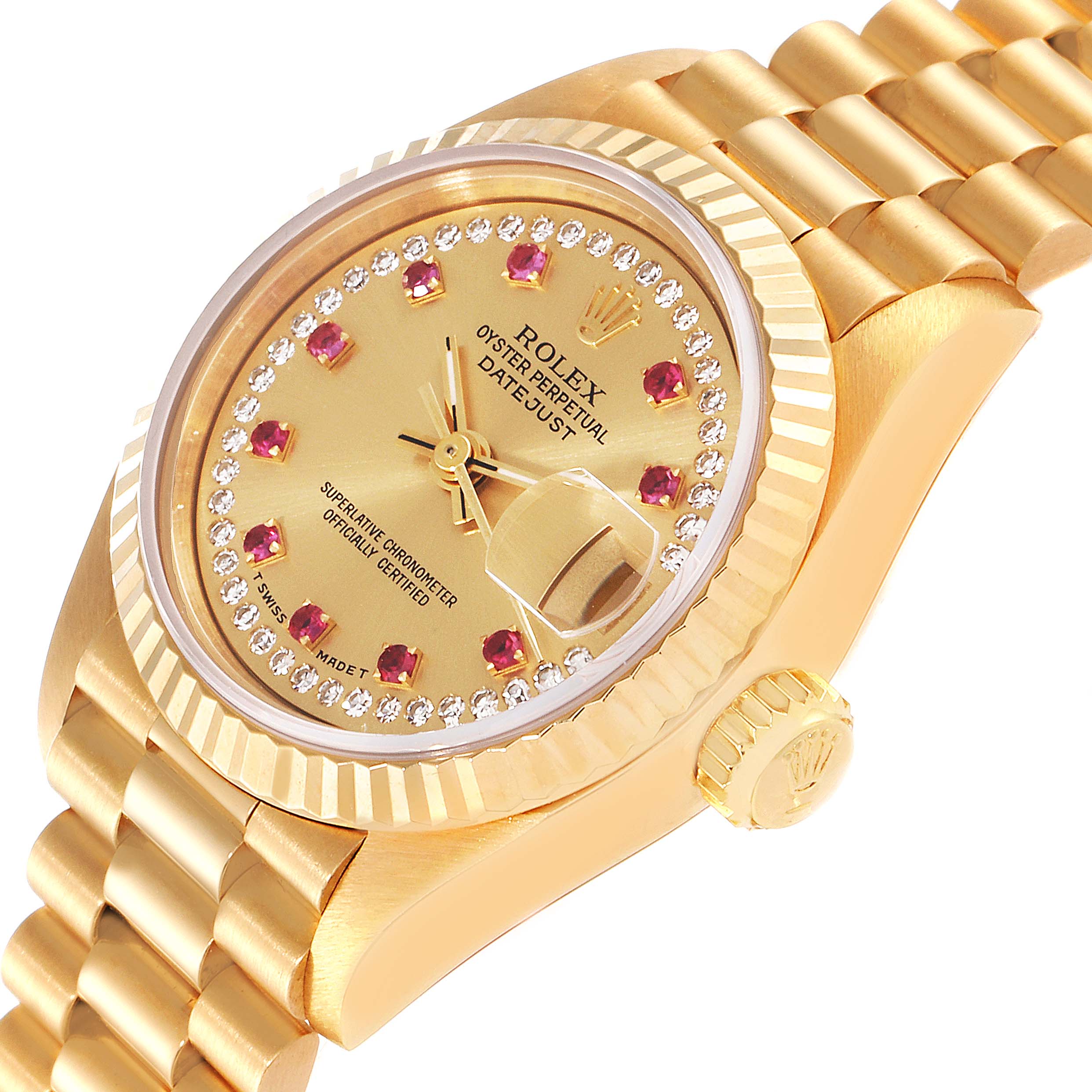 Rolex President Datejust Yellow Gold Diamonds Rubies Ladies Watch 69178